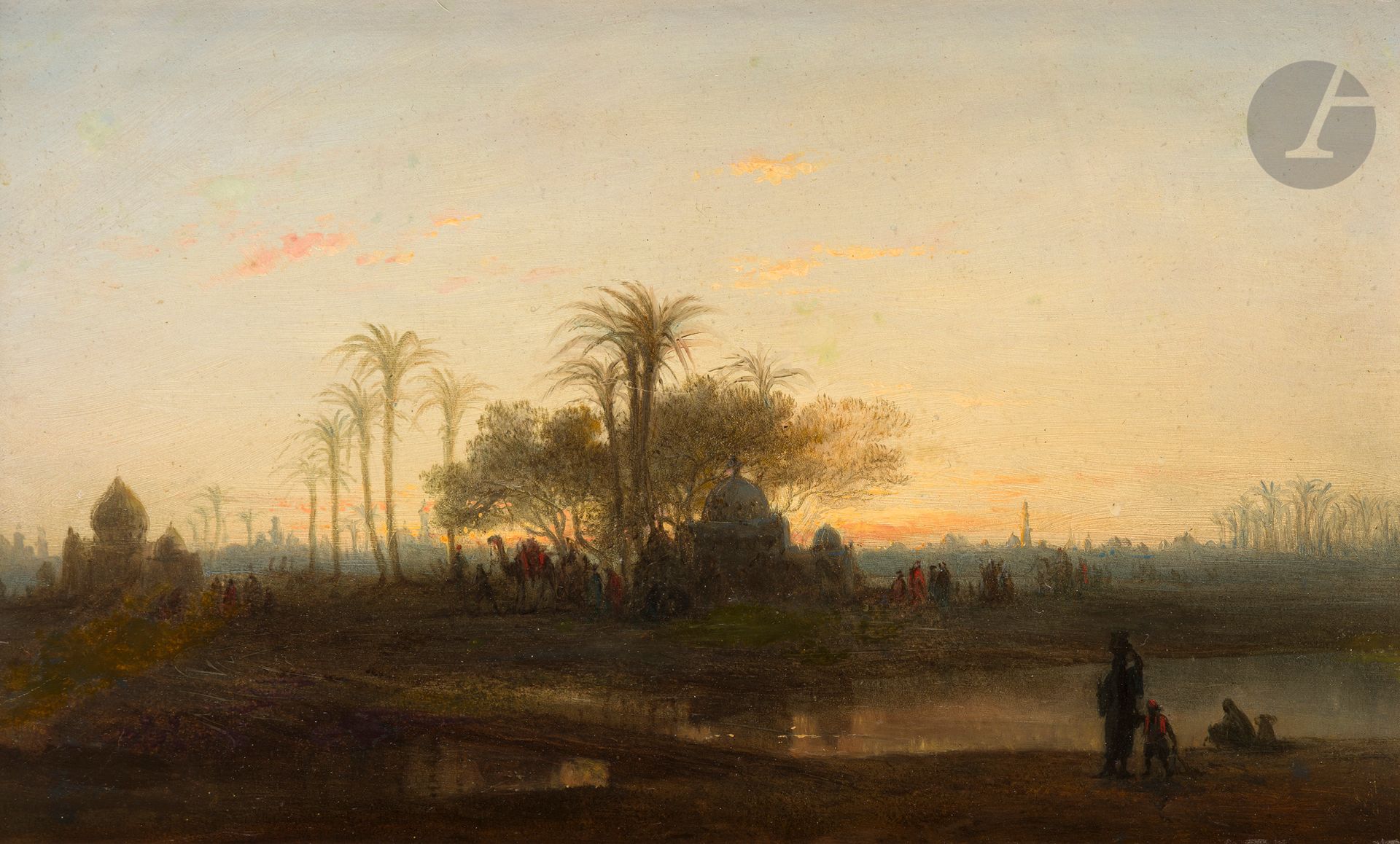 François BARRY (1813-1905) [attributed to] 
Berk el Sab [Birket El Sab] - from Alexandria to Cairo 
Oil on panel. 
Titled on back of frame. 
22 x 36.5 cm
