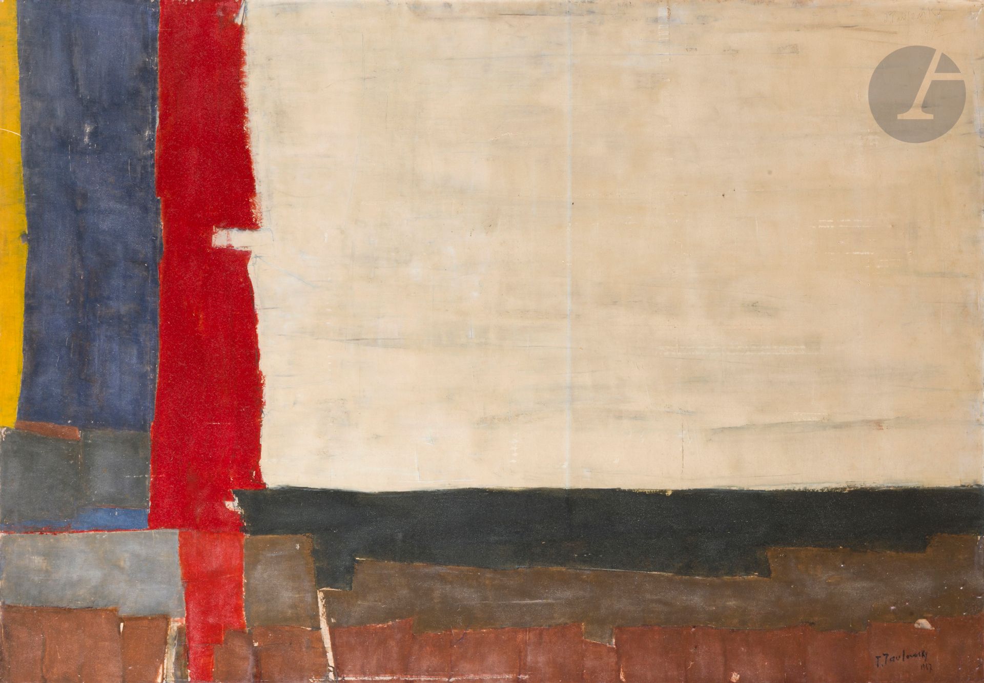 Jacqueline Vladimir PAVLOWSKY (1921-1971)
Clarté, 1967
Huile sur toile.
Signée et datée en bas à droite.
Signée et datée deux fois au dos. 
Tampons de l’atelier au dos.
(Usures).
81 x 116 cm

Cette œuvre sera incluse au Catalogue Raisonné en cours de préparation par Monsieur Hervé Courtaigne.