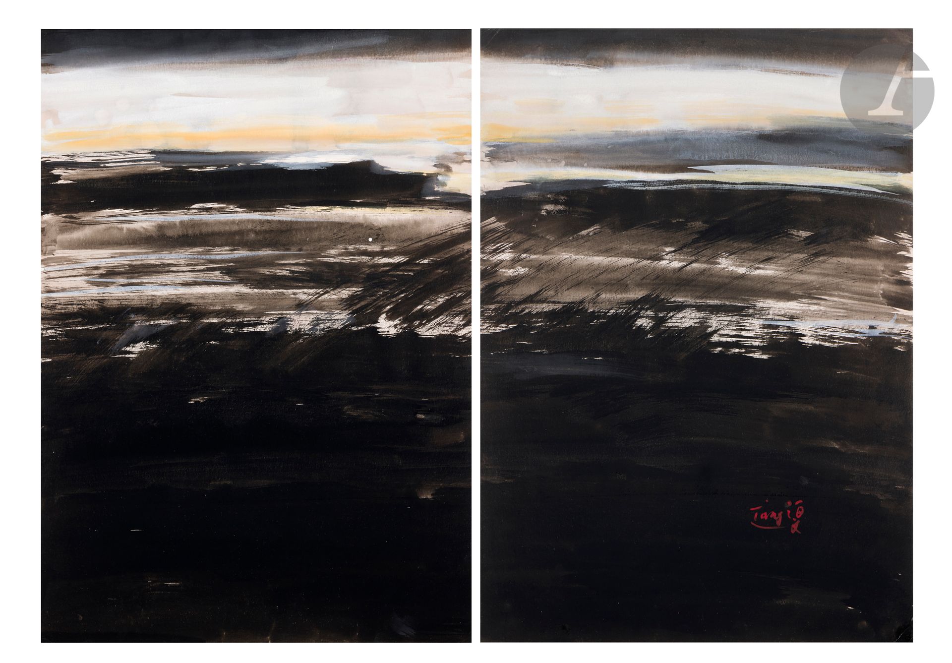 T’ANG Haywen [chinois]
Sans titre, vers 1985
Encre et rehauts d’aquarelle sur papier Arches - Diptyque.
Signée en bas à droite.
70 x 100 cm (deux feuilles de 70 x 50 cm)

Cette œuvre sera incluse au Catalogue Raisonné de T’ang Haywen en préparation par T’ang Haywen Archives et Monsieur Philippe Koutouzis sous le n° LDI-AR-93.
