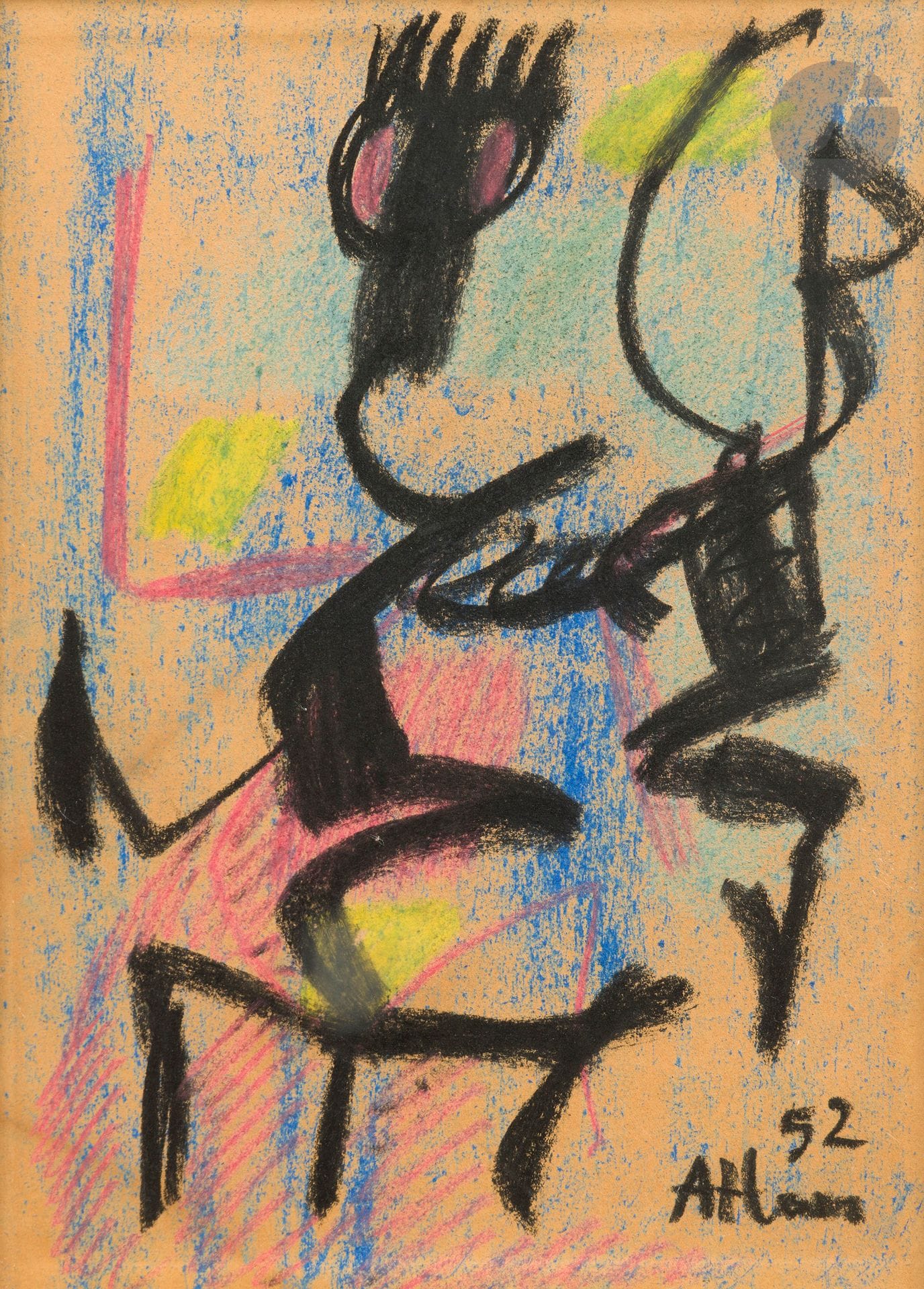 Jean-Michel ATLAN (1913-1960)
Le Couple, 1952
Pastel et fusain sur papier.
Signé et daté en bas à droite.
37 x 27 cm

Provenance : 
Vente Me Rheims, Palais Galliera, Paris, 12 décembre 1960, n° 152.

Un certificat de Monsieur Jacques Elbaz pourra être délivré à la demande de l’acquéreur.
