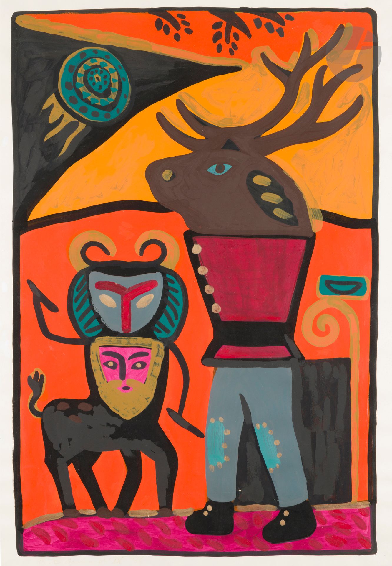 Rémi BLANCHARD (1958-1993)
Fantastic animals, 1986
Acrylic on paper.
Signed and dated lower left.
108 x 73 cm