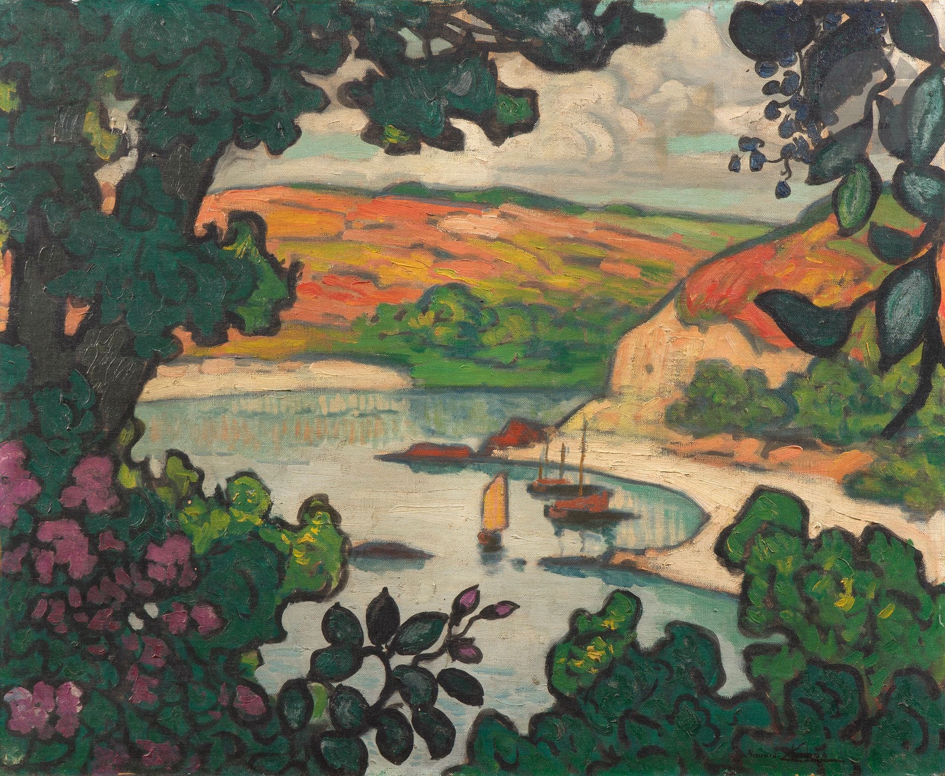 Maurice CHABAS (1862-1947)
Voiliers au mouillage
Huile sur toile.
Signée en bas à droite.
61 x 73 cm

Provenance :
- Maison d'Art Moderne, Boigelot Frères, Bruxelles (étiquette au dos).
- Collection Lily Bazalgette, Paris. Par descendance.

Œuvre en rapport :
Derniers rayons sur le Belon, in Myriam Reiss-de Palma, Maurice Chabas (1862-1947) :  du Symbolisme à l'abstraction. Essai et Catalogue raisonné, Thèse de doctorat, 2004, n° 38, reproduit. 

Nous remercions Madame Myriam Reiss-de Palma d'avoir confirmé l'authenticité de cette œuvre et pour les informations qu'elle nous a transmises.