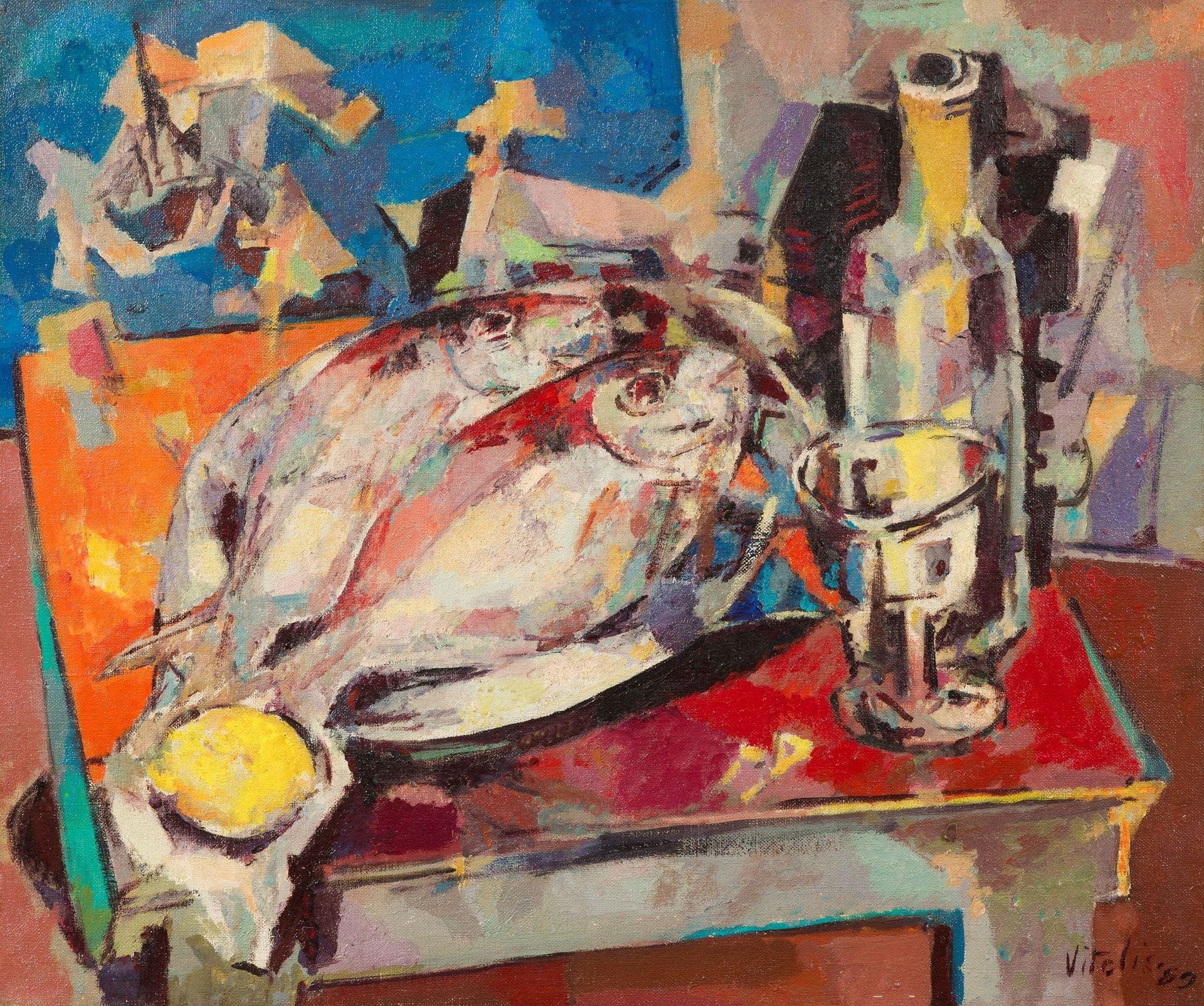 Macario VITALIS (1898-1989)
Nature morte aux poissons, 1959
Huile sur toile.
Signée et datée en bas à droite.
Signée et datée au dos.
46 x 55 cm