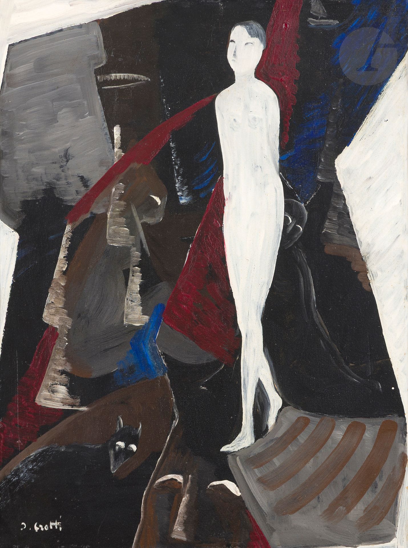 Jean CROTTI (1878-1958)
Woman with wolves, 1927
Oil on canvas.
Signed lower left.
Signed and titled on the stretcher.
59 x 44 cm

Provenance : 
Collection Monsieur F.