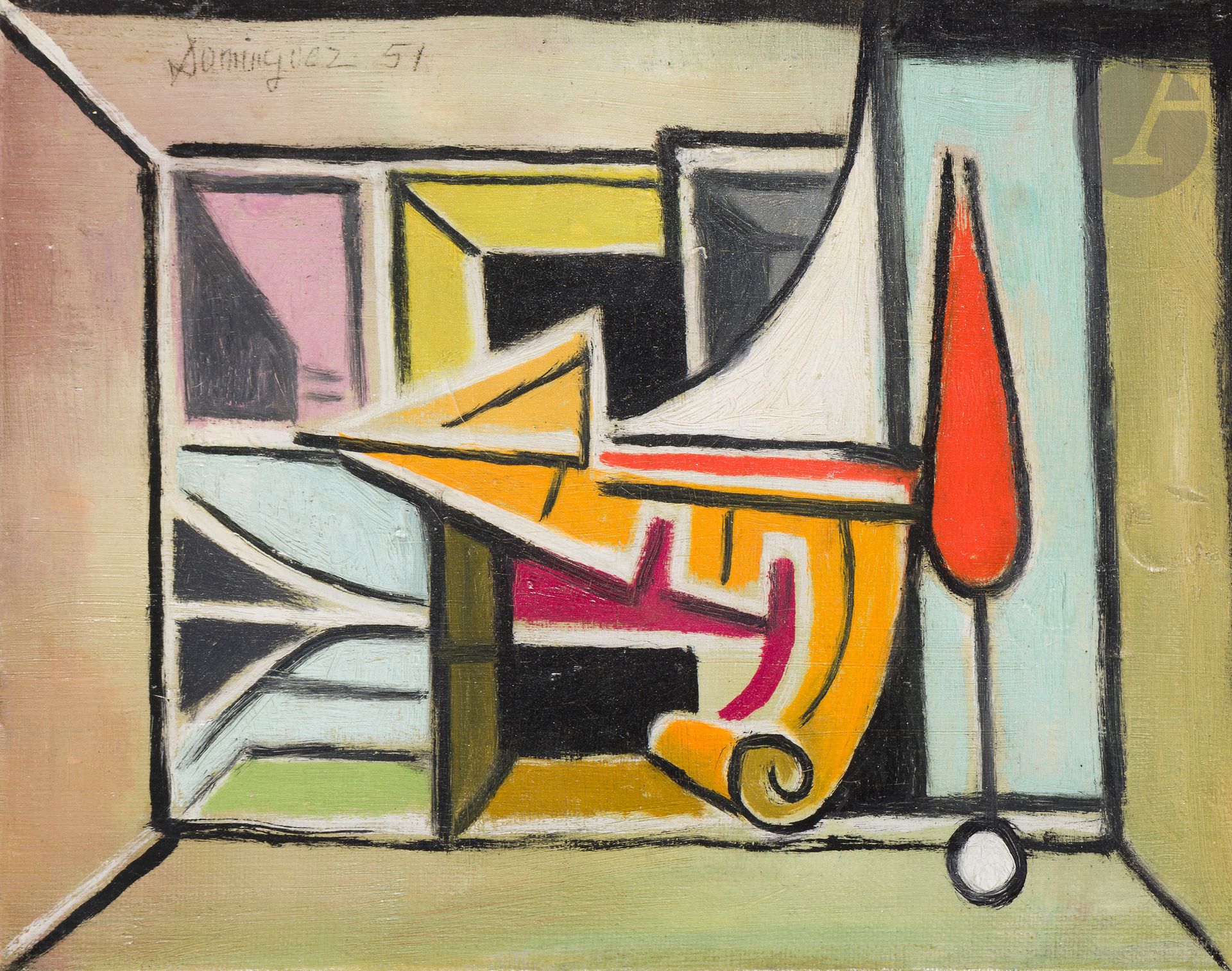 Oscar DOMINGUEZ (1906-1957)
Window in Hyères, 1951
Oil on canvas.
Signed and dated upper left.
Signed and dated "14-3-51" in ink on the back on the stretcher.
19 x 24 cm

Provenance : 
- Charity auction in aid of the Commission Centrale de l'Enfance, Galerie La Boétie, Paris.
- Henri Adam Collection, organizer of these sales between 1948 and 1975.
