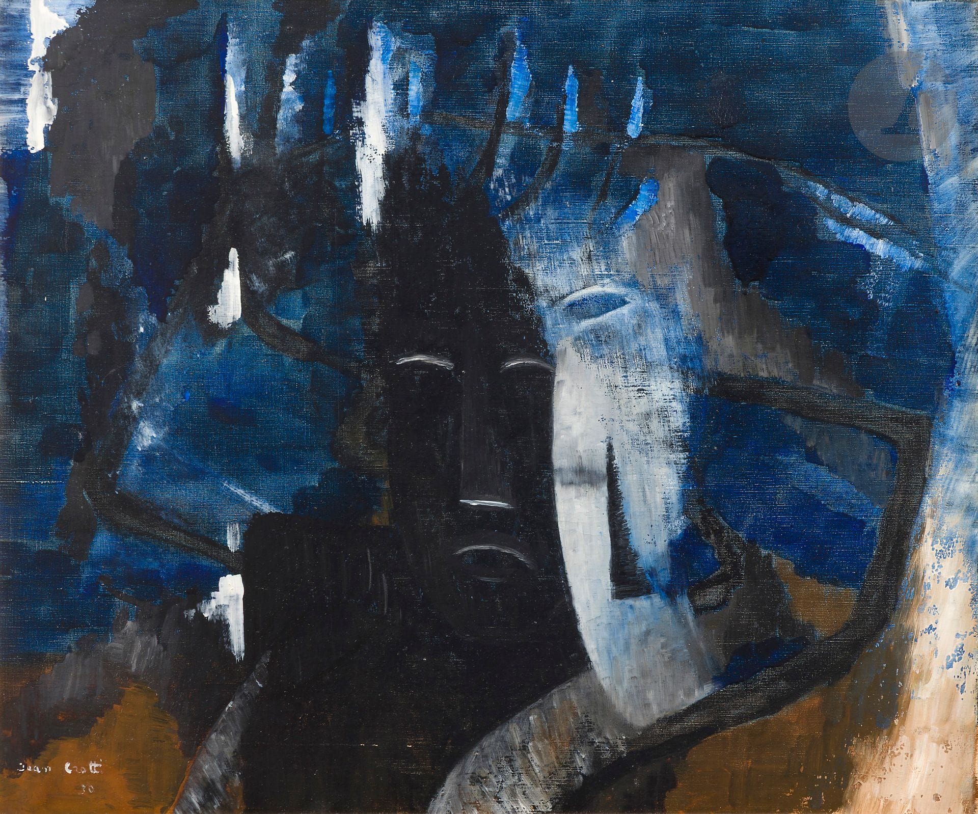Jean CROTTI (1878-1958)
Le Noir ou Visages, 1930
Huile sur toile.
Signée et datée en bas à gauche.
Titrée sur le châssis.
46 x 55 cm

Provenance : 
- Vente Me Cornette de Saint-Cyr, Hôtel Drouot, Paris, 9 décembre 1986, catalogue, n° 61, reproduit.
- Collection Monsieur F.