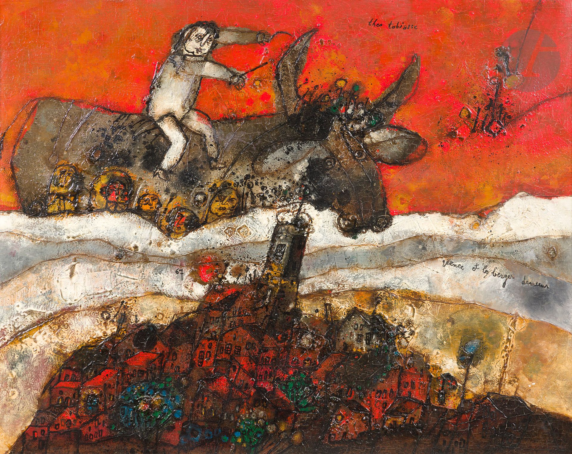 Théo TOBIASSE (1927-2012)
Vence et le berger danseur, 1967
Huile suir toile.
Signée, datée et titrée dans la composition.
73 x 92 cm

Provenance : 
Fondo de Promocciones de Arte, Santander-Madrid (étiquette sur le châssis).

Nous remercions Madame Catherine Faust-Tobiasse d’avoir confirmé l’authenticité de cette oeuvre. Cette oeuvre sera enregistrée dans le Catalogue raisonné de Théo Tobiasse en préparation.