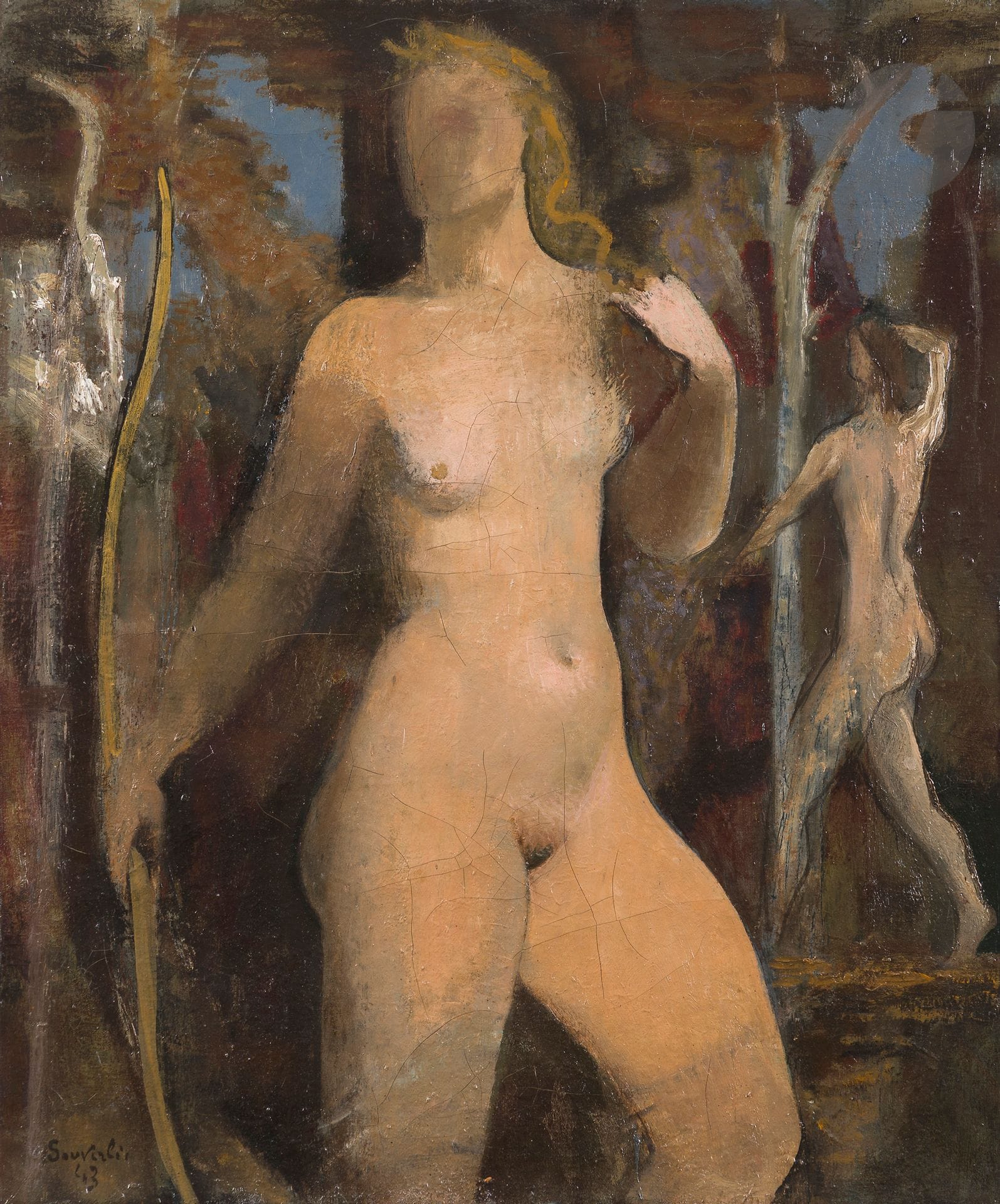 Jean SOUVERBIE (1891-1981)
Diane chasseresse, 1943
Huile sur toile.
Signée et datée en bas à gauche.
(Craquelures).
65 x 54 cm

Provenance : 
- Vente Me de Baecque, Lyon, 23 mai 2012, n° 260.
- Collection Monsieur F.

Bibliographie : 
Frédéric Souverbie, Jean Souverbie (1891-1981), Paris, Gourcuff Gradenigo, 2021, n° 225, reproduit p. 134.