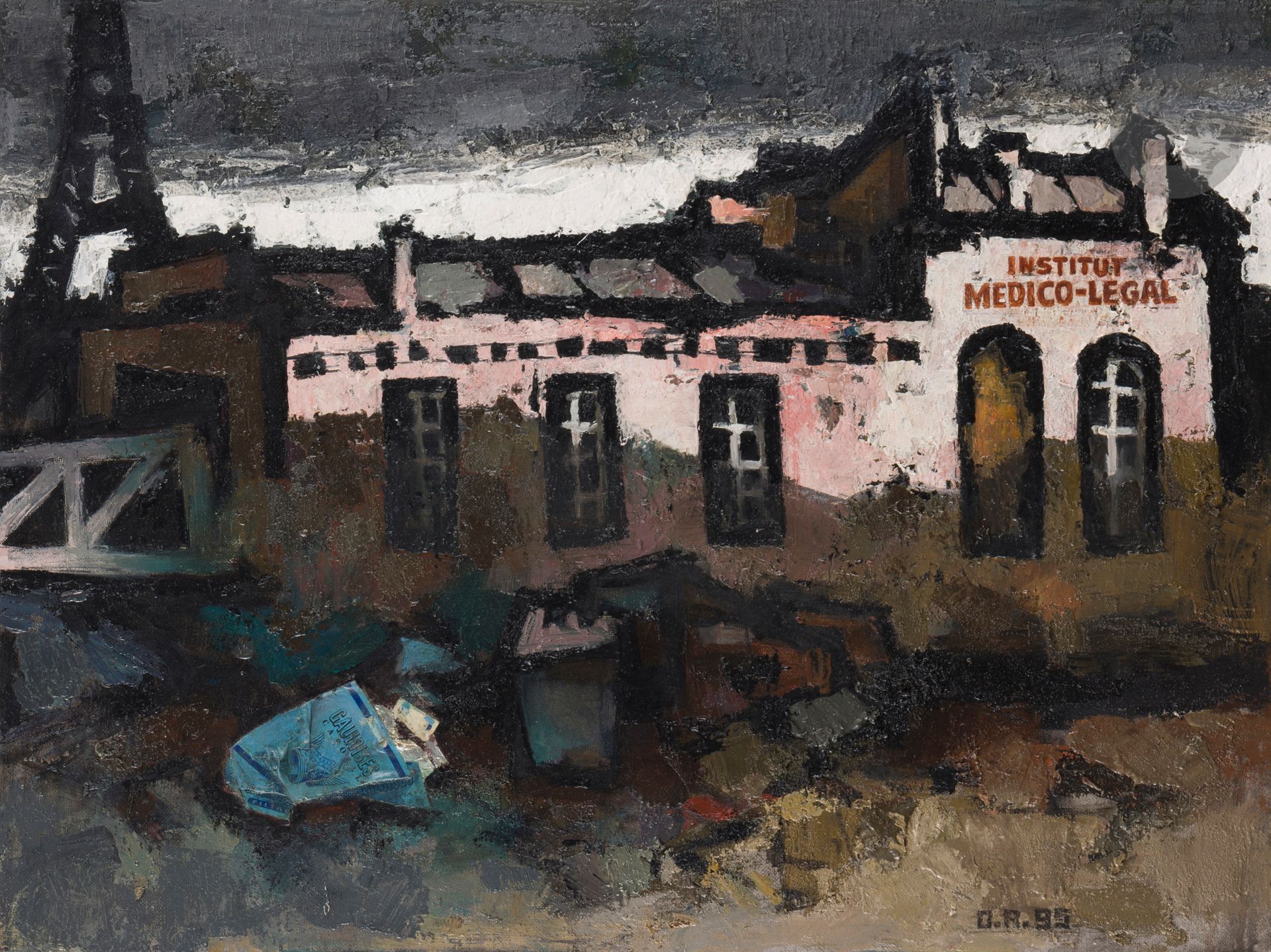 Oscar RABIN (1928-2018)
Forensic Institute, 1995
Oil and collage of a cigarette pack on canvas.
Signed and dated lower right.
Dated and titled on the back.
40 x 60 cm

Provenance : 
Irina Kouznetsova Collection.