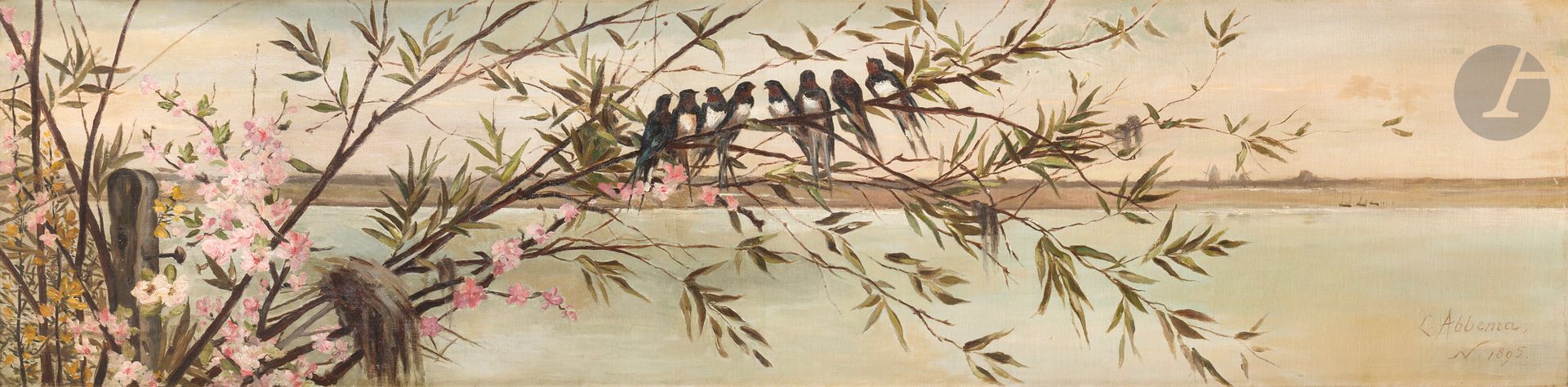 *Louise ABBÉMA (1858-1927)
Le Retour du printemps, 1895
Huile sur toile.
Signée et datée en bas à droite.
(Restaurations et doublage au centre).
52 x 202 cm

Provenance : 
- Probablement vente Me Baudin, Hôtel Drouot, Paris, 11-12 novembre 1895, n° 1.
- Vente Mes Chayette-Cheval, Hôtel Drouot, Paris, 13 décembre 1999, n° 111, présentée sous le titre « Hirondelles sur une branche ».