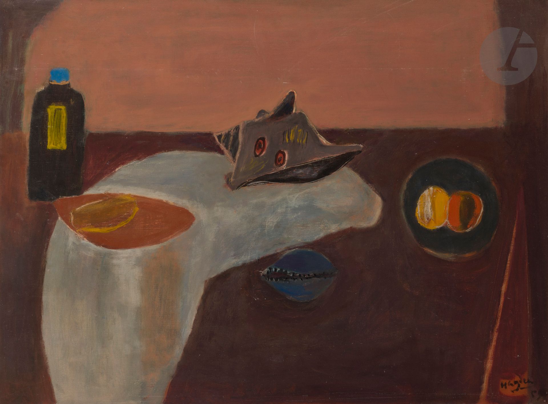 Henri HAYDEN (1883-1970)
Still life with shell, 1959
Oil on canvas.
Signed and dated lower right.
60 x 81 cm

Provenance : 
Josette Hayden Collection, wife of the artist.

Exhibition: 
Henri Hayden, 1883-1970, Musée Thomas Henry, Cherbourg, June 6 - October 12, 1997, n° 47.