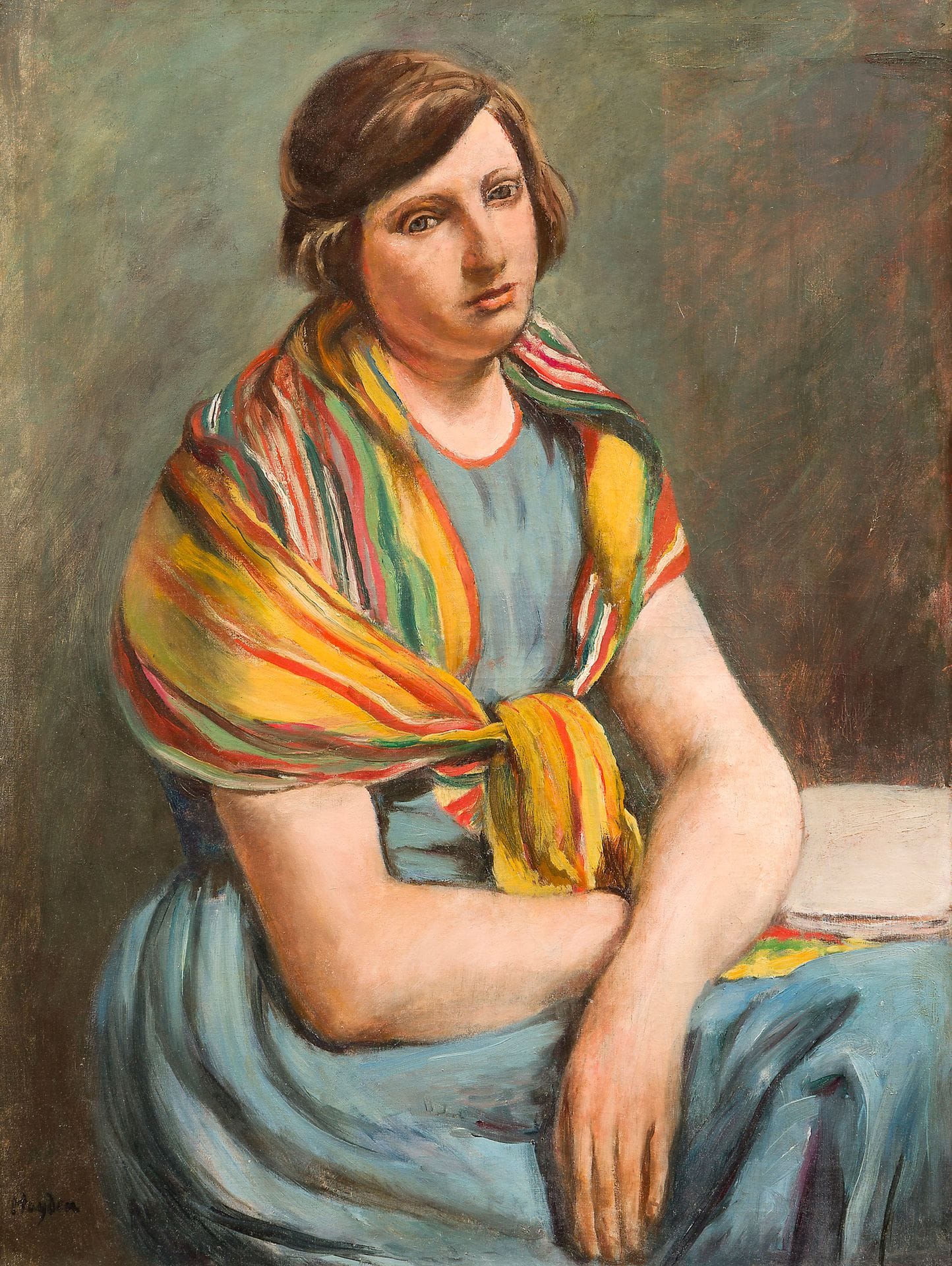 Henri HAYDEN (1883-1970)
Portrait de femme au châle bayadère ou Portrait présumé de la première épouse du peintre, 1923 
Huile sur toile.
Signée en bas à gauche.
Signée et datée au dos.
65 x 50 cm

Un certificat de Monsieur Pierre Célice, en date du 18 mai 2016, sera remis à l'acquéreur.