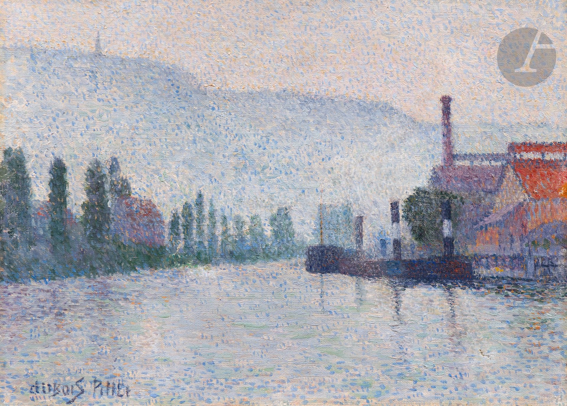 Albert DUBOIS-PILLET (1846-1890)
La Seine à Rouen, le clocher de Bonsecours et l’île Lacroix, 1886-87
Huile sur toile contrecollée sur panneau.
Signée en bas à gauche.
(Restaurations).
24 x 33 cm

 Provenance : 
- Collection Dr. Jean Sutter, Paris.
- Collection Lily Bazalgette, Paris. Par descendance.

Expositions :
- Musée Tavet, Pontoise, 15 octobre - 27 novembre 1983 (étiquette au dos).
- Hommage à Albert Dubois-Pillet, Musée de l’Armée, Paris, 2000.

Bibliographie : 
- Jean Sutter, Les Néo-Impressionnistes, Neuchâtel, Ides et Calendes, 1970, reproduit p. 136 sous le titre « La Seine et les collines de Canteleu ».
- Lily Bazalgette, Albert Dubois-Pillet, sa vie et son oeuvre (1849-1890), Paris, Gründ Diffusion, 1976, reproduit p. 124 sous le titre « Rouen - La Seine et les collines de Canteleu ».
- Patrick Offenstadt, Albert Dubois-Pillet, Catalogue raisonné, 2018, n° 35, reproduit p. 54.