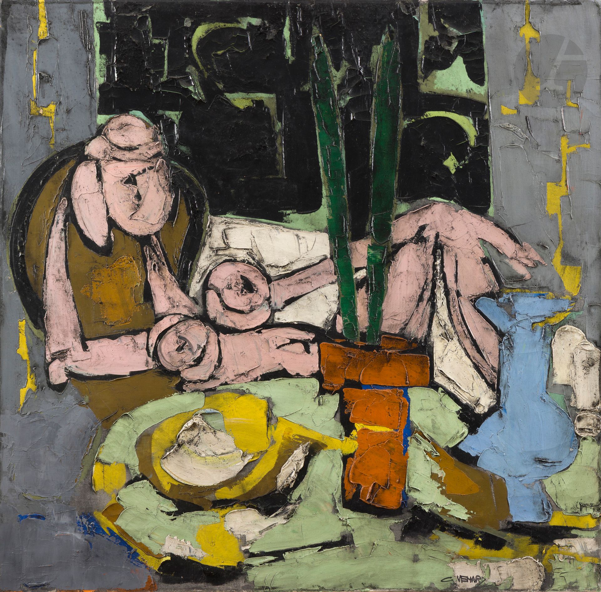 Claude VENARD (1913-1999)
Nu rose, vers 1960
Huile sur toile.
Signée en bas à droite.
(Manques et craquelures).
100 x 100 cm