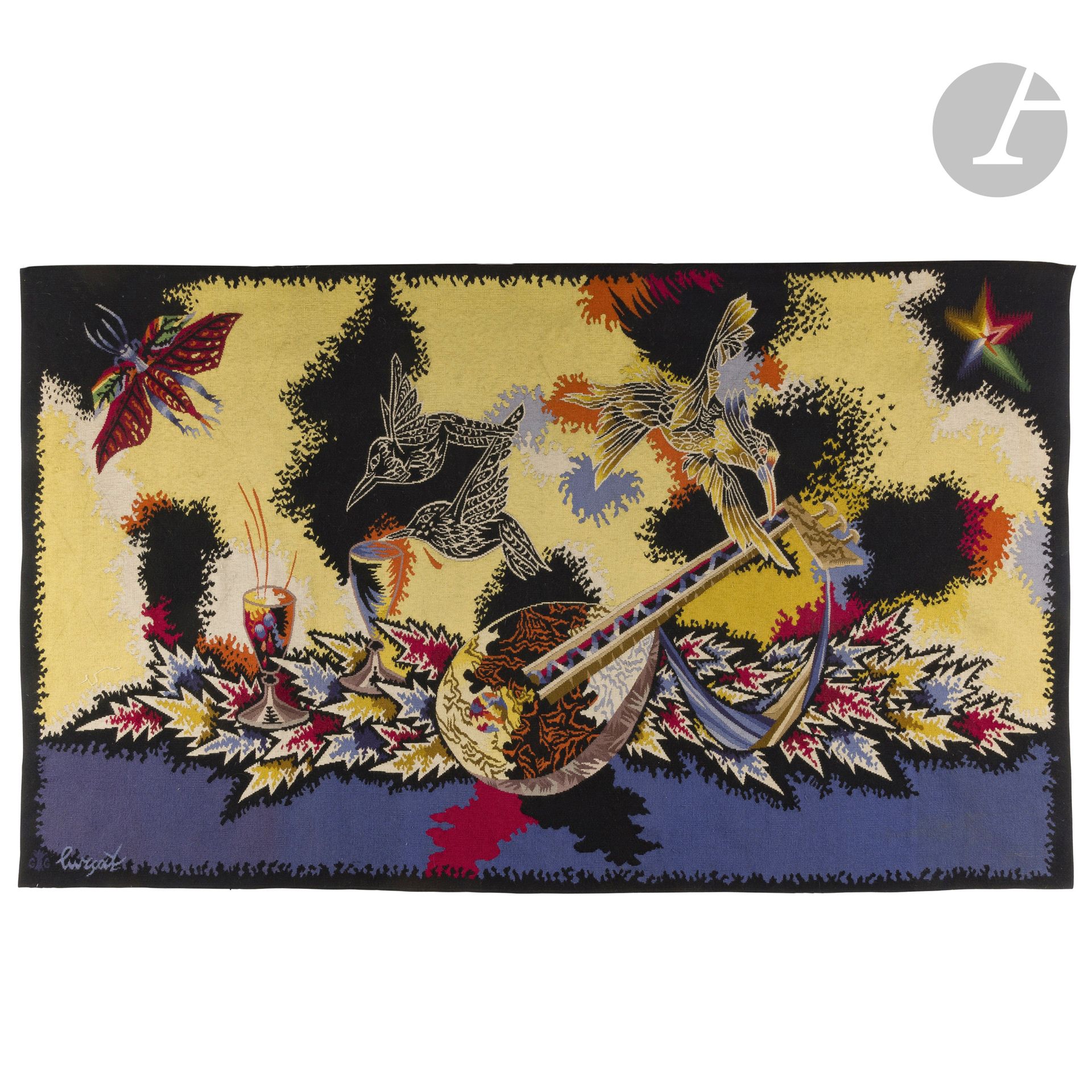 JEAN LURÇAT (1892-1966) CARTONNIER & ATELIER SUZANNE GOUBELY LISSIER À AUBUSSON
La Table (variante) dite aussi Ils sont dans les vignes
Tapisserie de lice.
Laines de couleur.
Signée LURÇAT et porte le monogramme du lissier dans la trame en bas à gauche, complète de son bolduc portant la signature de LURÇAT et le numéro de matricule peu lisible 116717/7 – les autres mentions effacées.
116,5x191cm

Provenance:
Collection particulière, Paris. Œuvre acquise auprès de la Galerie Robert Four – une copie de la facture datée du 15 septembre 1984 sera remise à l’acquéreur.