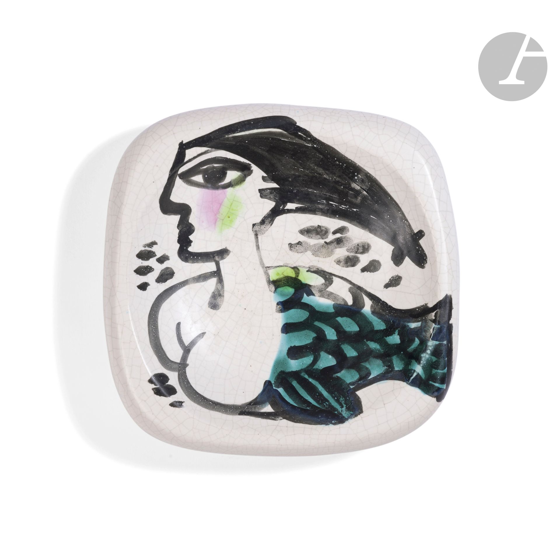 GEORGES JOUVE (1910-1964)
Sirène, model created circa [1951].
Square-round hollow bowl on foot.
Glazed ceramic proof; the title decoration is treated in polychrome on a crackled white background.
Circa 1950.
Signed with the monogram A. P. (with interlaced letters) for Apollon, mark known as the Alpha, on the reverse.
Height: 6cm - Length: 23cm - Width: 23cm

Bibliography and related works:
- Michel Faré - Georges Jouve- Éditions Art et Industrie, Paris, 1965. Drawings of mermaids, similar to the one used to decorate our bowl, reproduced on page 54.
- Preface by Pierre Bergé, texts by Philippe Jousse and Norbert Pierlot - Georges Jouve - Éditions Jousse Entreprise, Paris, 2005. Variant decoration reproduced on page 156.
