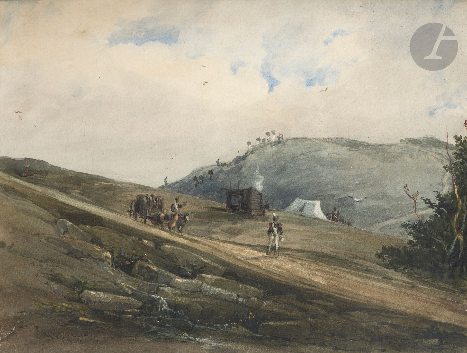 Louis FRANCIA 
(Calais 1772 - 1839)
Soldats dans un paysage, 1826
Aquarelle gouachée sur traits de crayon noir.
Signée et datée en bas à gauche.
Diverses annotations au verso de l’encadrement.
(Petite déchirure en bas à gauche, légèrement insolé, petites taches).
18,5 x 24,4 cm