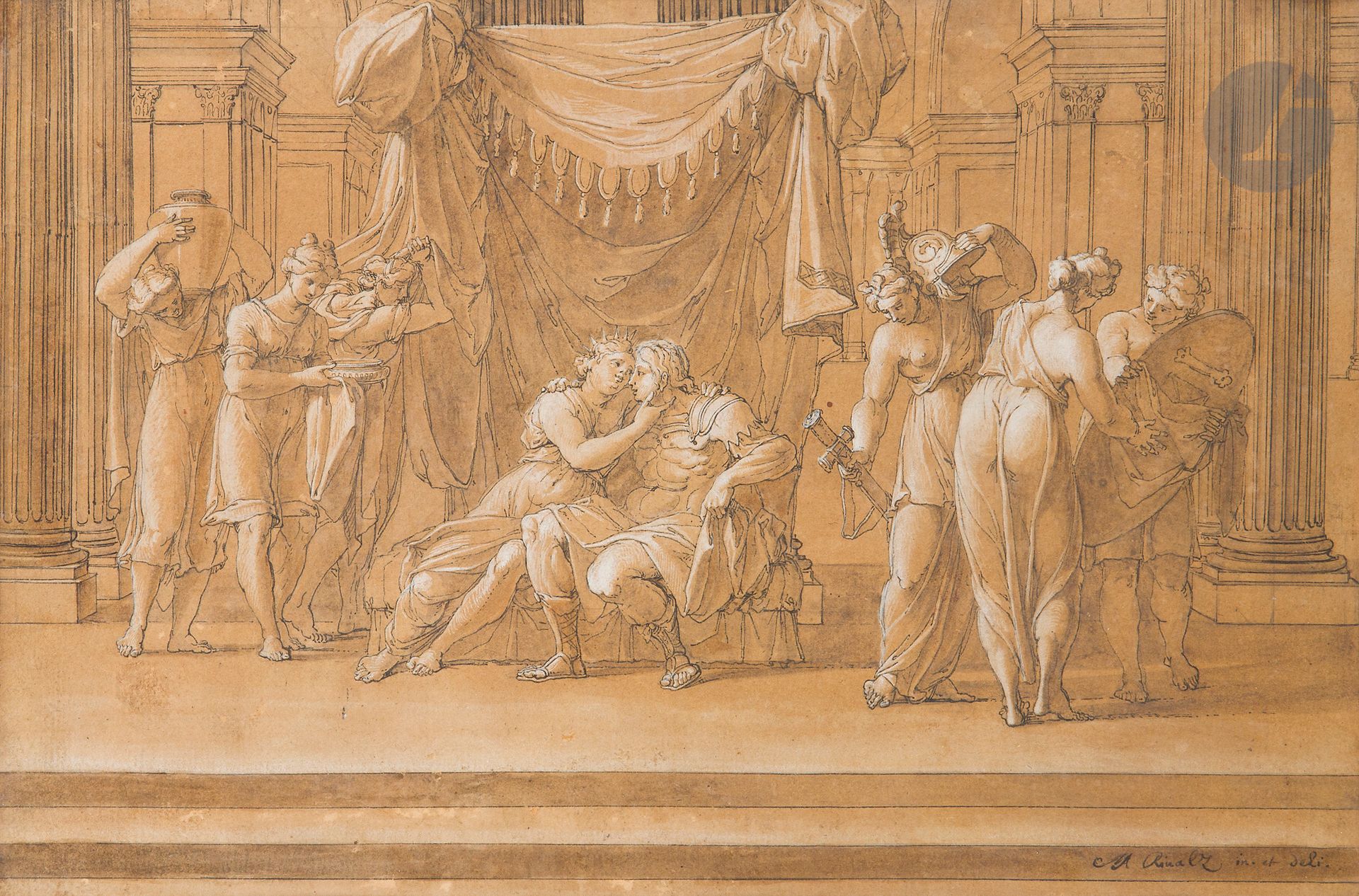 Antoine RIVALZ (Toulouse 1667 - 1735)
Dido and Aeneas 
Ink, brown ink wash and white gouache highlights on graphite lines. 
Annotation "A. Rivaltz i. et deli." lower right in black ink. 
(Some spotting).
19.5 x 29 cm

Provenance : 
According to a label on the reverse, former collection of the Marquis de Ferrari, Duc de Galliera. 

This drawing dates from the beginning of Rivalz's career in Rome. It can be compared with the Murder of Priam and other subjects from the Aeneid that Rivalz painted early in his career between 1690 and 1700.

Related works 
Antoine Rivalz 1667-1735, Le Romain de Toulouse, Paris, Éditions Somogy, 2004, n°49, Le Meurtre de Priam, reproduced p. 147.