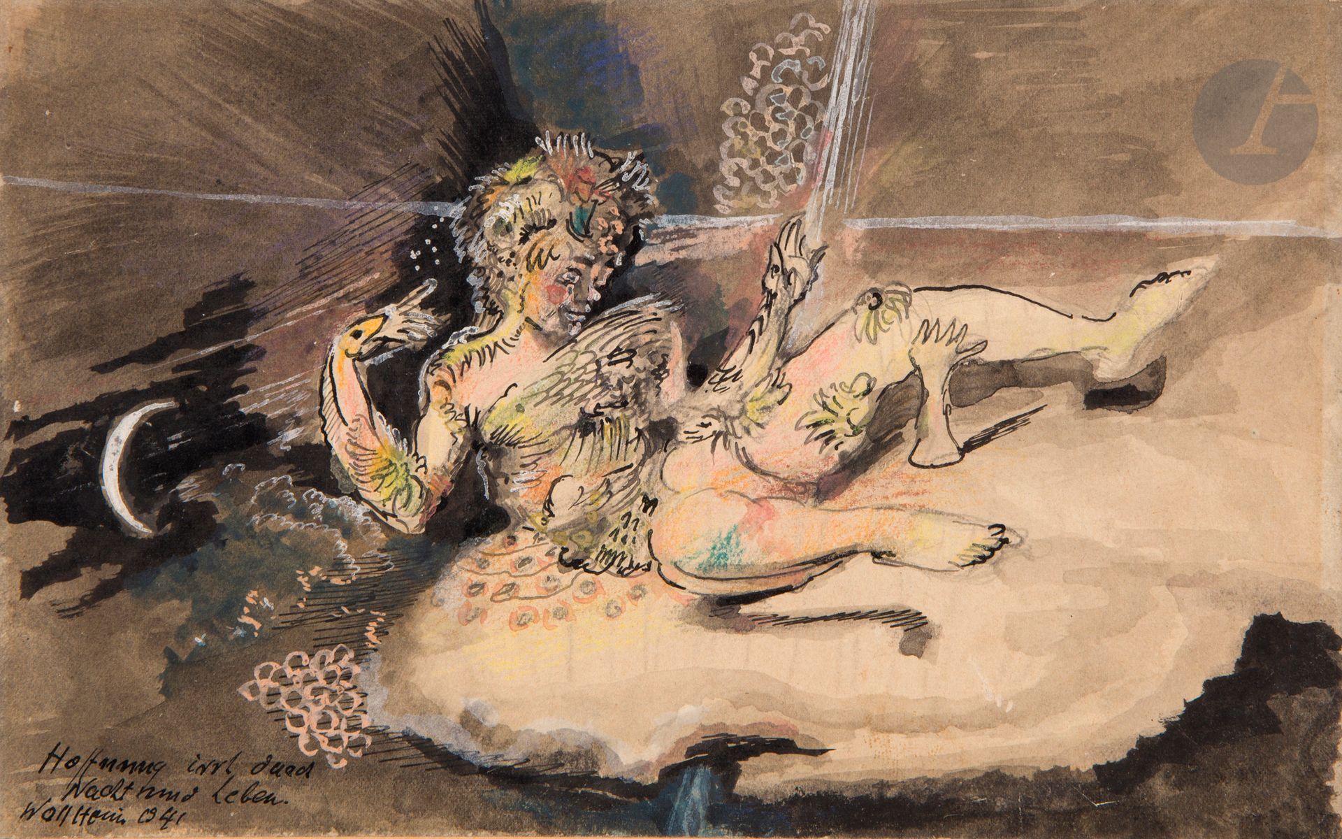 Gert Heinrich WOLLHEIM (1894 - 1974)
La Nuit et la Vie, 1941
Gouache et encre de Chine sur papier contrecollé sur carton.
Signée, datée et titrée en bas à gauche.
13 x 21,2 cm