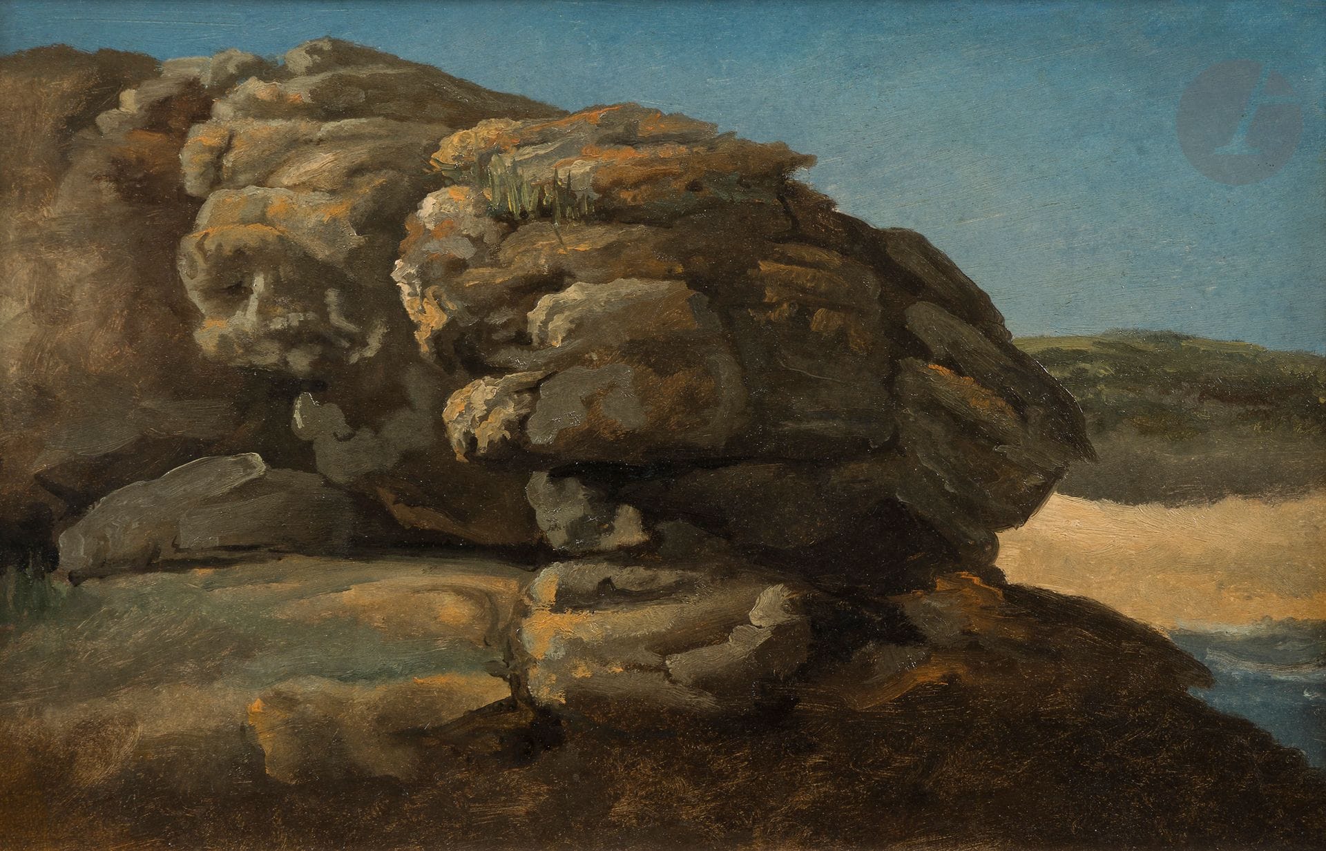 Achille Etna MICHALLON (Paris 1796 - 1822)
Rochers en Bretagne
Huile sur papier marouflé.
Au dos, cachet sur le châssis.
27 x 42 cm

Provenance :
- Probablement Charles-Pierre de L’Espine (1750-1821), Paris.
- Ancienne collection Lachèvre, architecte de Rouen.
- Chez de Bayser, 1973-74, comme Valenciennes (acheté en 1973 avec un ensemble de vingt-quatre autres études chez un antiquaire de Rouen).
- Ancienne collection Madame Marie-Madeleine Aubrun, vente posthume, 1998, comme Valenciennes.

Exposition :
- Galerie de Bayser, Paris, 1973-1974, exposition « P.H. de Valenciennes », n°14, comme Valenciennes.
- Kiener Chantal, « Catalogue peintures et dessins », 2013, comme Valenciennes.

Bibliographie :
G. Lacambre, Paysages de Pierre-Henri de Valenciennes : problèmes d’attribution, SHAF, 16 mars 2019, comme Michallon. 

Madame Geneviève Lacambre dans une étude présentée le 16 mars 2019, a réattribué à Michallon une partie des huiles sur papier provenant de l’ensemble exposé à la galerie de Bayser en 1973-74 comme Valenciennes. Plusieurs sites des environs de Saint-Malo avaient été identifiés par René Le Bihan. Selon Madame Lacambre, les études prises sur nature lors d’un voyage en Bretagne l’ont été par Michallon, qui se rend en Bretagne en 1816. Il est d’autre part avéré que la famille de L’Espine possédait aussi bien des études par Michallon que par Valenciennes.
Nulle trace d’un voyage en Bretagne par Valenciennes n’est parvenue jusqu’à nous, ce qui ne veut pas dire qu’il ne s’est pas rendu dans ce beau pays. On connait une huile sur toile par Michallon signée et datée de 1816 où le Mont-Saint-Michel apparait dans le fond. Madame Lacambre établit un distinguo entre le support papier contrecollé sur carton des études provenant du fond exposé à la galerie de Bayser qu’elle donne à Valenciennes en comparaison avec l’ensemble conservé au Louvre, et les études peintes sur un support papier libre qu’elle rend à Michallon.