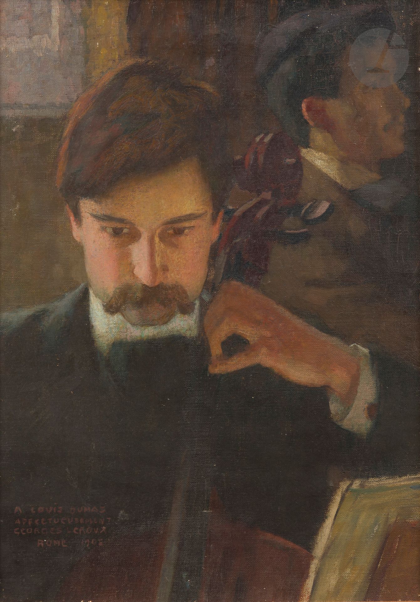 Georges Paul LEROUX (Paris 1877 - 1957)
Portrait de Louis Dumas jouant du Violoncelle
Huile sur toile.
Signée, datée et dédicacée en bas à gauche : « À Louis Dumas, affectueusement, Georges Leroux, Rome 1908 ».
(Petites épidermures).
54 x 38,5 cm
