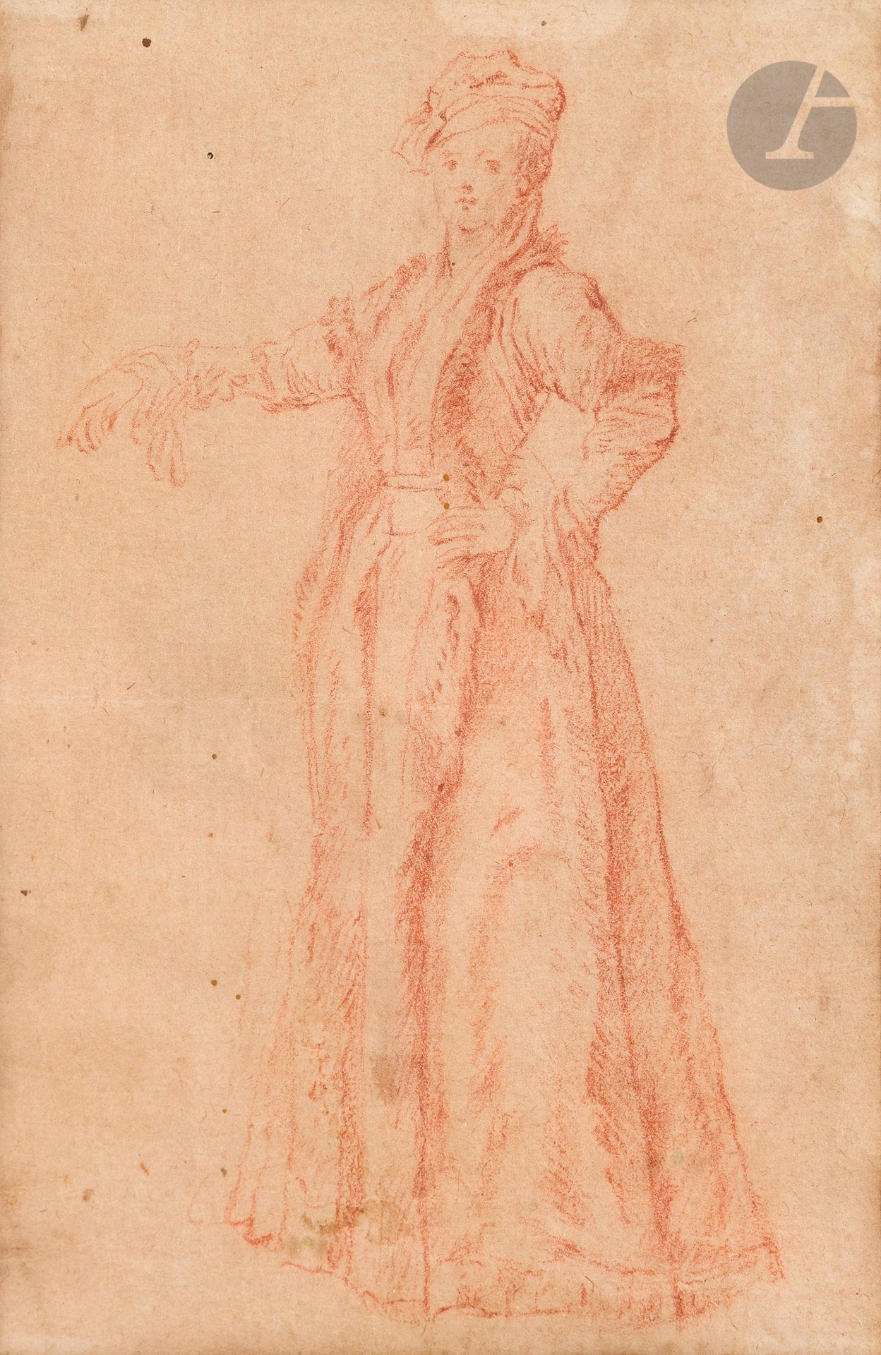 Antoine WATTEAU (Valenciennes 1684 - Nogent-sur-Marne 1721)
Étude de La Polonaise en pied
Sanguine sur traits de crayon noir.
(Insolé, taches).
14 x 9,2 cm

Provenance :
Collection Georges Ryaux, Paris.

Bibliographie :
Pierre Rosenberg, Louis Antoine Prat, Antoine Watteau 1684-1721, Catalogue raisonné des dessins, Tome I, Leonardo Arte, n°27, reproduit.

 Gravé en contrepartie par J. Audran pour les Figures de différents caractères sous le n°319 (fig. 27 voir opus cité supra; mais voir aussi n°28) et, également en contrepartie par Caylus dans la Suite de figures inventées par Watteau…, sous le n°1, avec la lettre « Gulboé ». Une épreuve de cette dernière gravure est conservée dans l’exemplaire des Figures de différents caractères de la Bibliothèque de l’Arsenal (voir opus cité supra fig.27b).