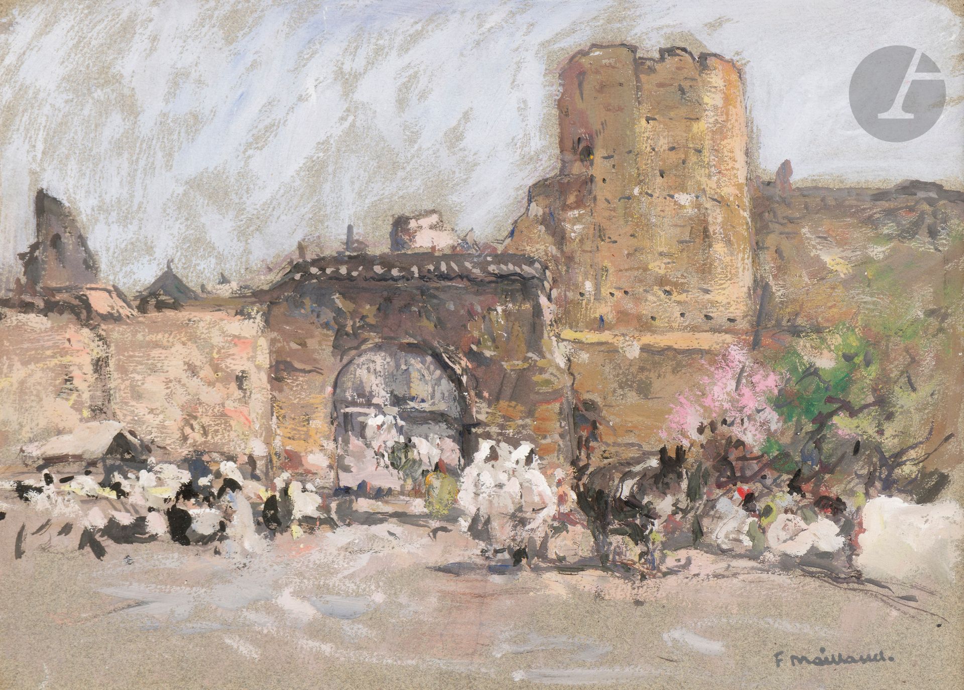 Fernand MAILLAUD (1862 - 1948)
Les Murailles de Fès
Gouache.
Signée en bas à droite.
Au dos de l’encadrement, la copie d’un certificat d’authenticité tapuscrit émis par François Boule-Christauflour, petit-neveu de l’artiste, en date du 27 février 1987.
23,5 x 31,5 cm