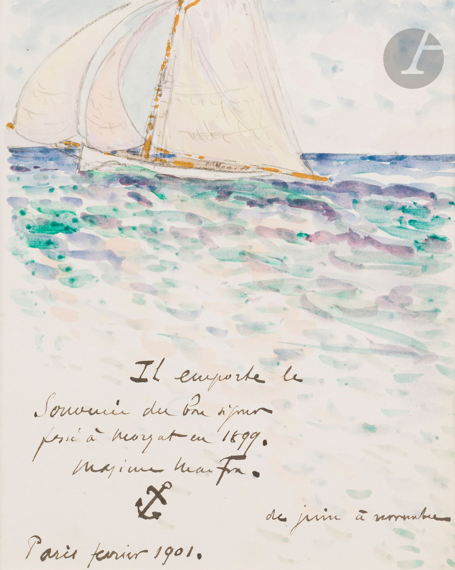 Maxime MAUFRA (1861 - 1918)
Voilier sur la mer près de Morgat, 1901
Aquarelle sur traits de crayon noir.
Signée, datée et dédicacée : « Il emporte le souvenir du bon séjour passé à Morgat en 1899. Maxime Maufra. / Paris février 1901. /  de juin à septembre ».
28 x 22,5 cm