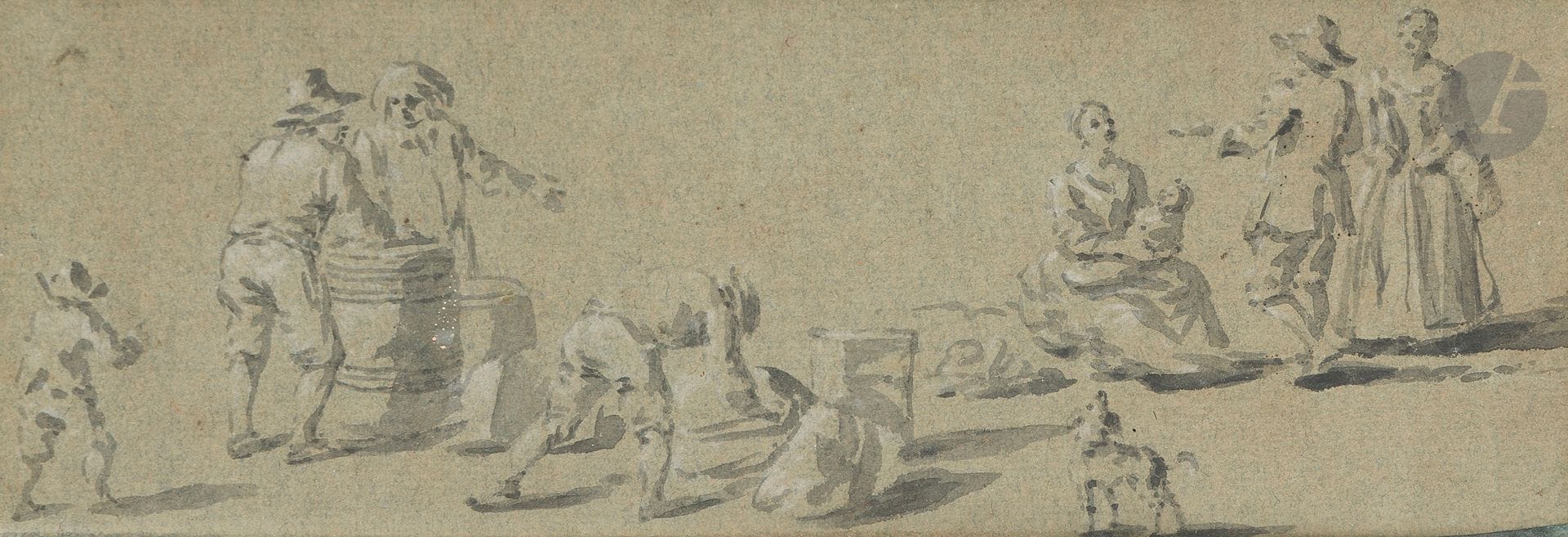 ÉCOLE FRANÇAISE du XVIIIe siècle
Scènes de rue
Lavis gris et gouache blanche sur papier bleu.
10 x 21 cm