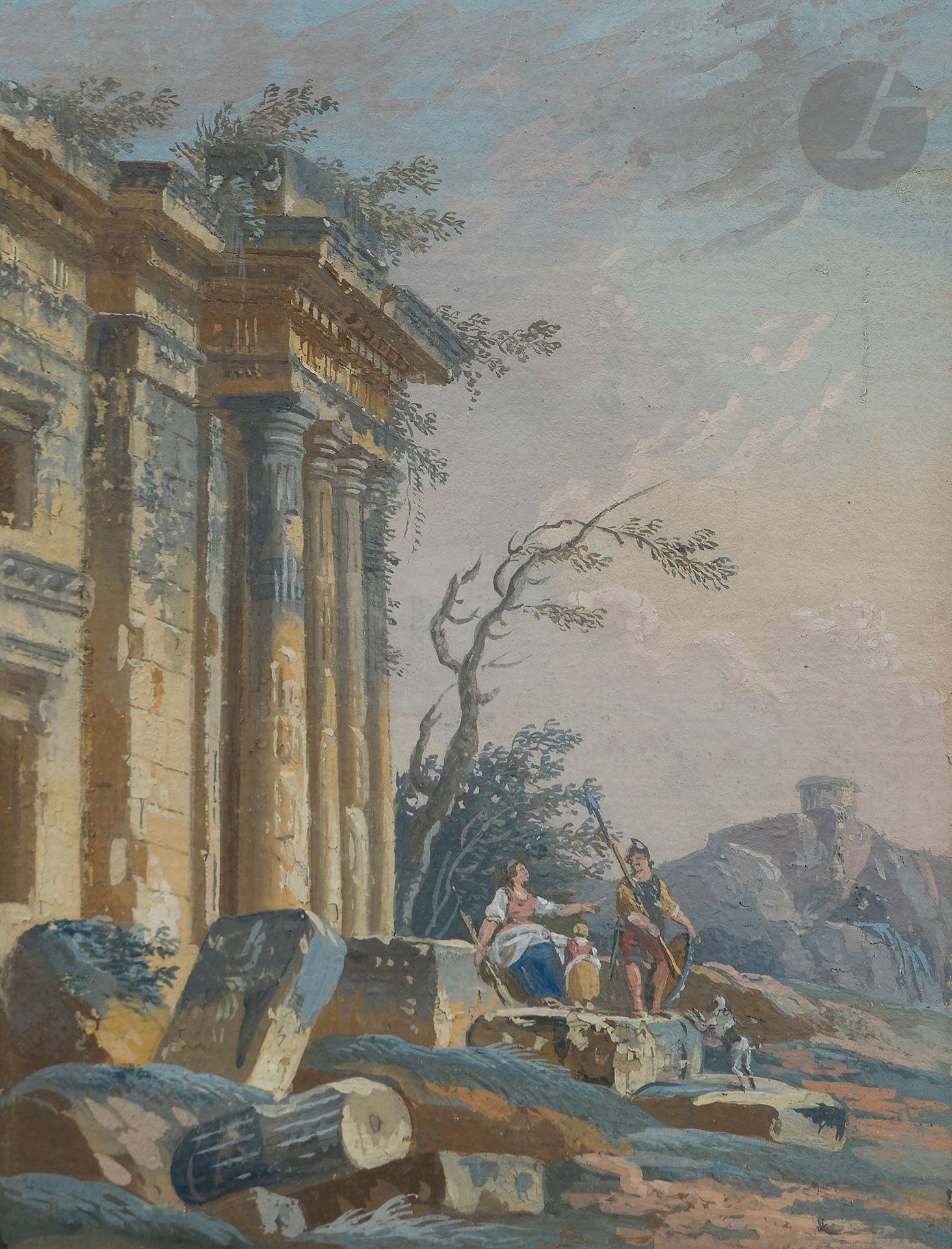 Pierre-Antoine DEMACHY 
(Paris 1723 - 1807)
Two fantasies of animated ruins
Gouache.
(Numerous chips).
19 x 15 cm each