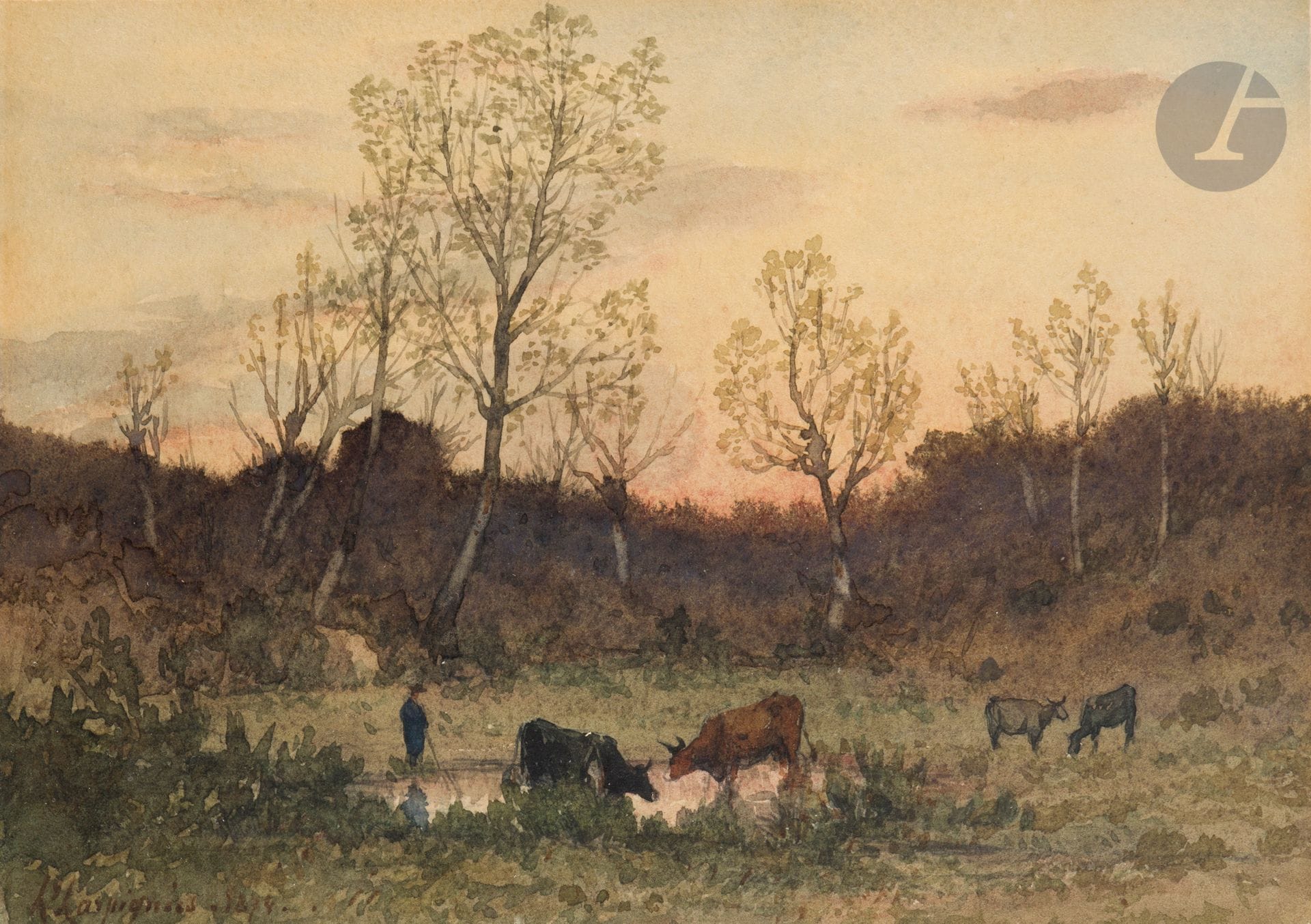 Henri Joseph HARPIGNIES
(1819 -1916)
Herd drinking near the ruins of Château de Hérisson, 1874
Watercolor over black pencil lines.
Signed and dated lower left.
16 x 24.5 cm

We would like to thank Mr. Cappoen for the information he provided.
