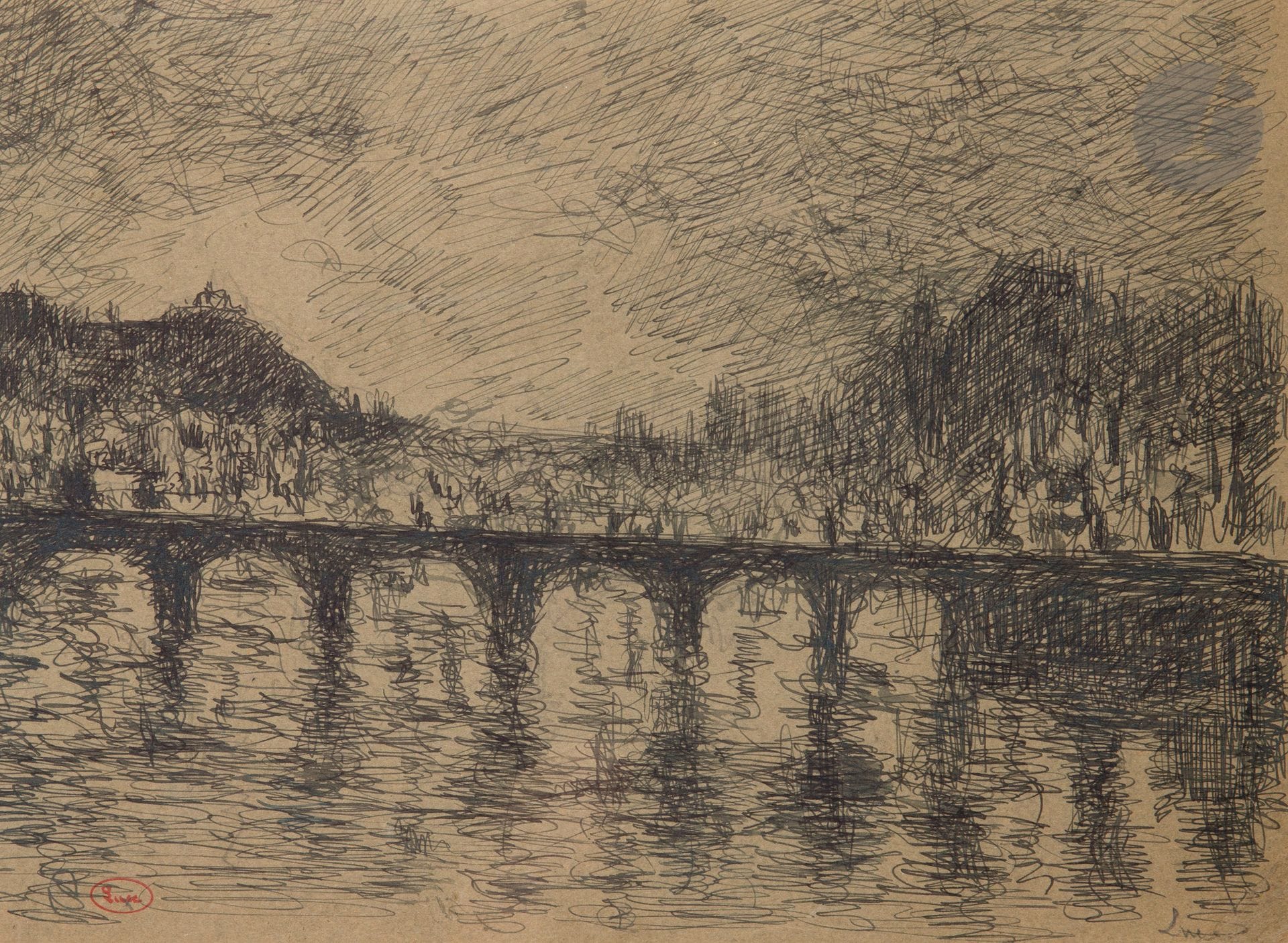 Maximilien LUCE (1858 - 1941)
La Seine au pont des Arts à Paris
Encre.
Signée en bas à droite.
Timbre de la signature en bas à gauche.
24,5 x 32 cm
