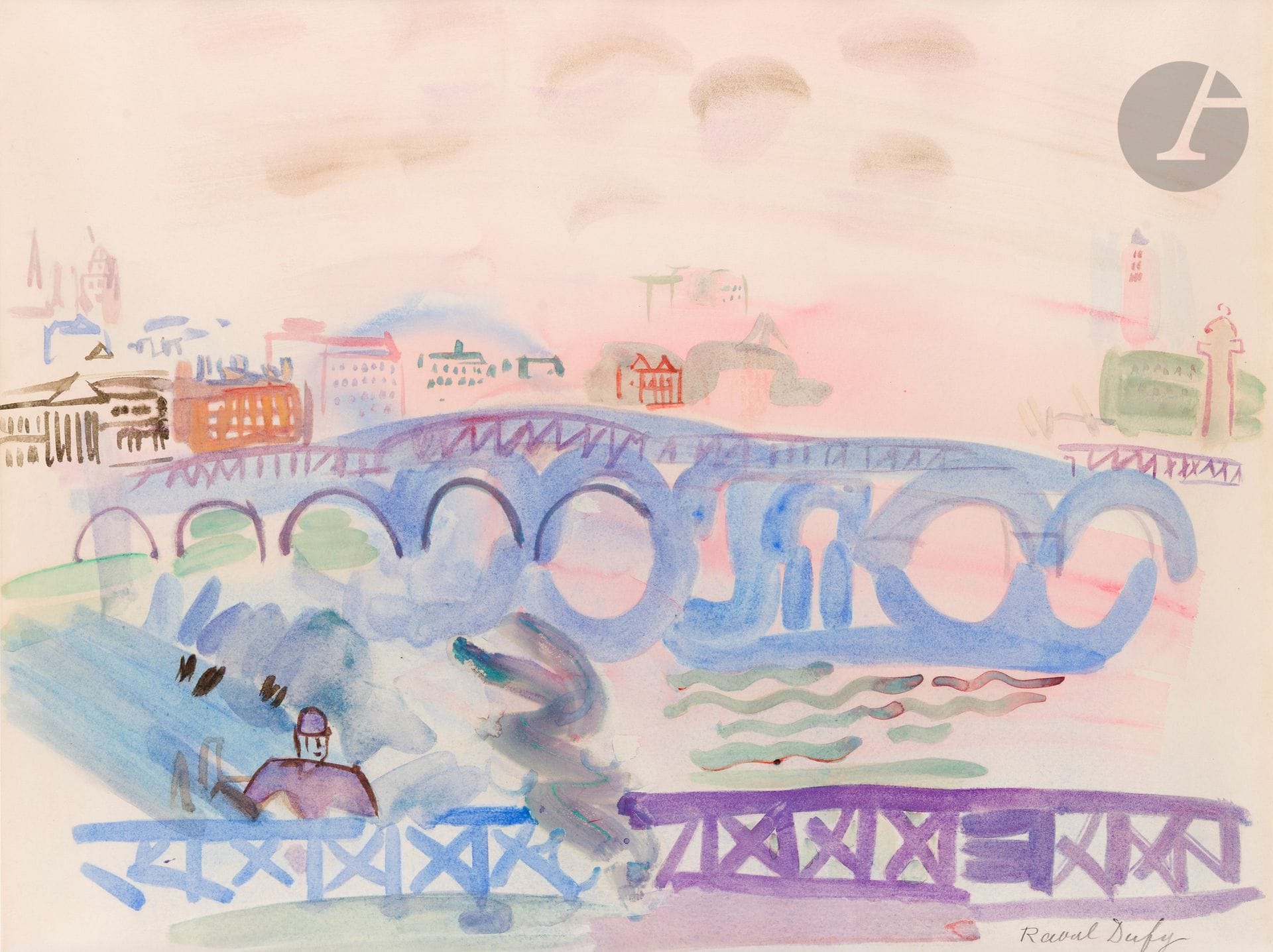 Raoul DUFY (1877 - 1953)
Bridge over the Thames, Waterloo Bridge, circa 1928-30
Gouache on paper.
Signed lower right.
50 x 65 cm

Provenance : 
- Sotheby's sale, London July 18, 1987, no. 535, reproduced in color. 
- Sale Me Loudmer, Hôtel Drouot, Paris November 1987, no. 46, reproduced in color. 
- Galateau sale, Limoges December 20 1987, n° 11, reproduced in color.
- Christie's sale, London March 29 1988, n° 371, reproduced in color. 
- Me Loudmer sale, Hôtel Drouot, Paris, November 20, 1988, no. 6, reproduced in color. 
- Sale Me Calmels, Hôtel Drouot, Paris, March 21, 2004, no. 178, reproduced in color.
- Sale, Sotheby's, London June 24, 2014, n° 436, reproduced in color. 
- Sale Galerie Zacke, Vienna November 10, 2018, no. 90, reproduced in color.

This work is listed in the online Raoul Dufy Catalogue Raisonné under n°As-0203.