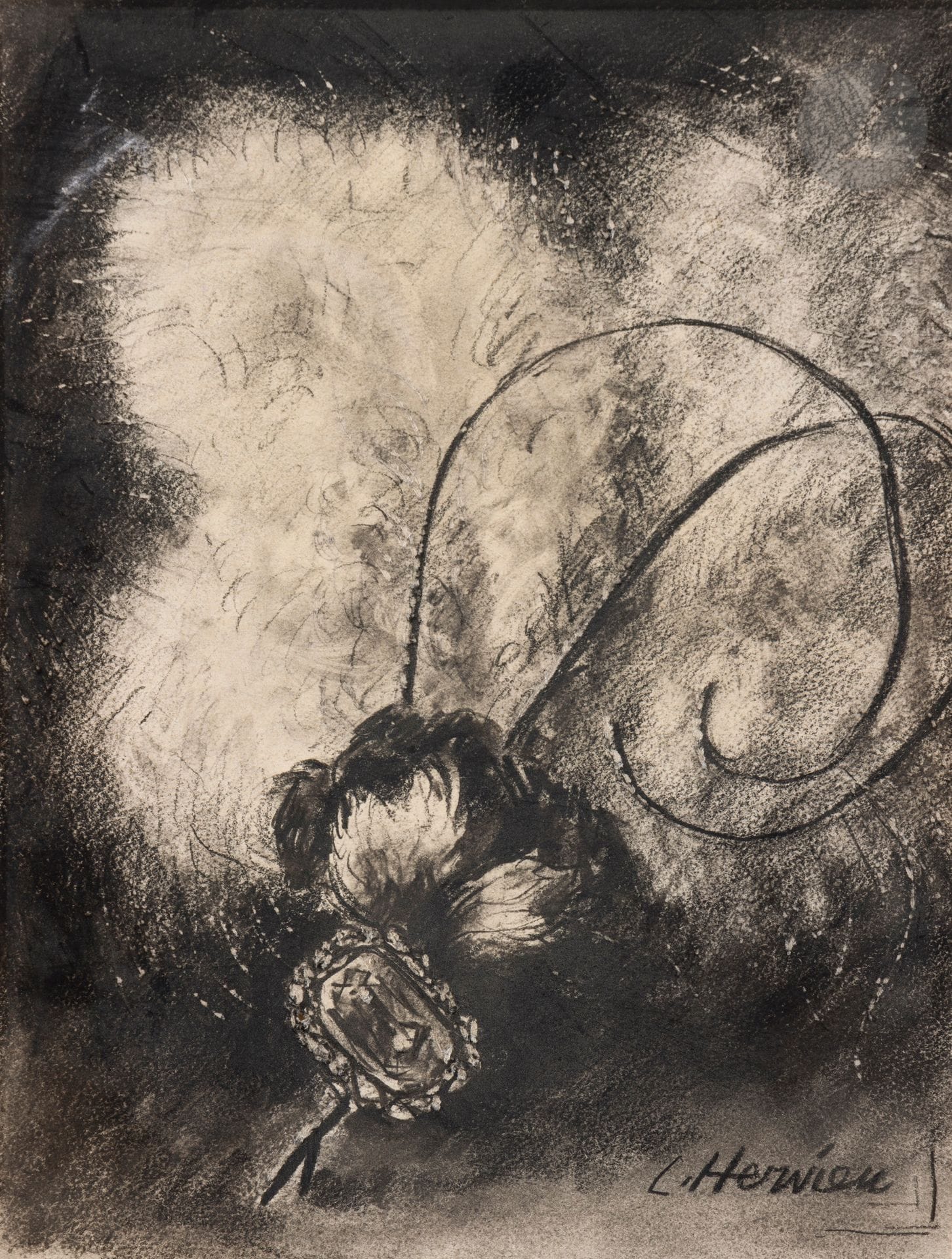 Louise HERVIEU (1878 - 1954)
Jewel and feathers
Conté chalk, stump and scratch.
Signed lower right.
27.5 x 20.5 cm

We would like to thank Mr. Guillaume d'Enfert, creator of the Louise Hervieu Archives, for confirming the authenticity of this drawing and for the information he provided.
