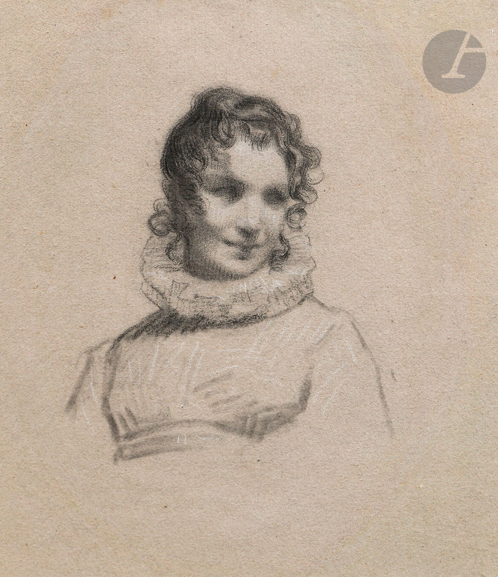 Pierre-Paul PRUD’HON (Cluny 1758 - Paris 1823)
Portrait de femme.
Crayon noir et craie blanche sur papier rosé.
18 x 16,5 cm
