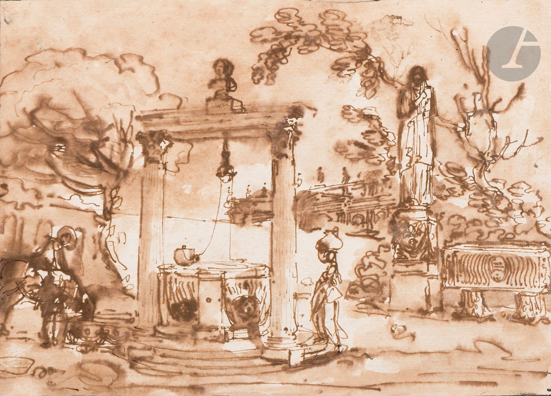 Hubert ROBERT (Paris 1733 - 1808)
Woman at a well and ancient remains
Pen and brown ink, brown wash.
(Lined and unstained).
15 x 20.6 cm

We can relate our sketch to two drawings from the carnet du Louvre (a green cardboard album, now divided, comprising 39 drawings currently mounted individually) acquired in 1955, "Cour intérieure d'un palais" (RF 30594) and "Cour pittoresque avec une fontaine" (RF 30595). Our study is identical in format and technique, with a wash applied before the ink dries.