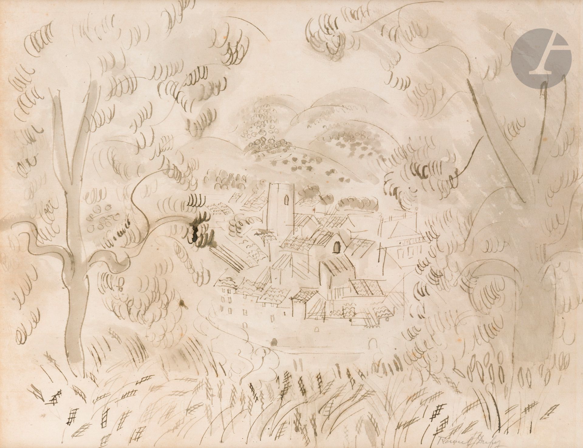 Raoul DUFY (1877 - 1953)
Le Village de Vence, vers 1923
Encre et lavis.
Signée en bas à droite.
42 x 53 cm

Un certificat de Madame Fanny Guillon-Laffaille, en date du 12 mars 2025, sera remis à l’acquéreur.