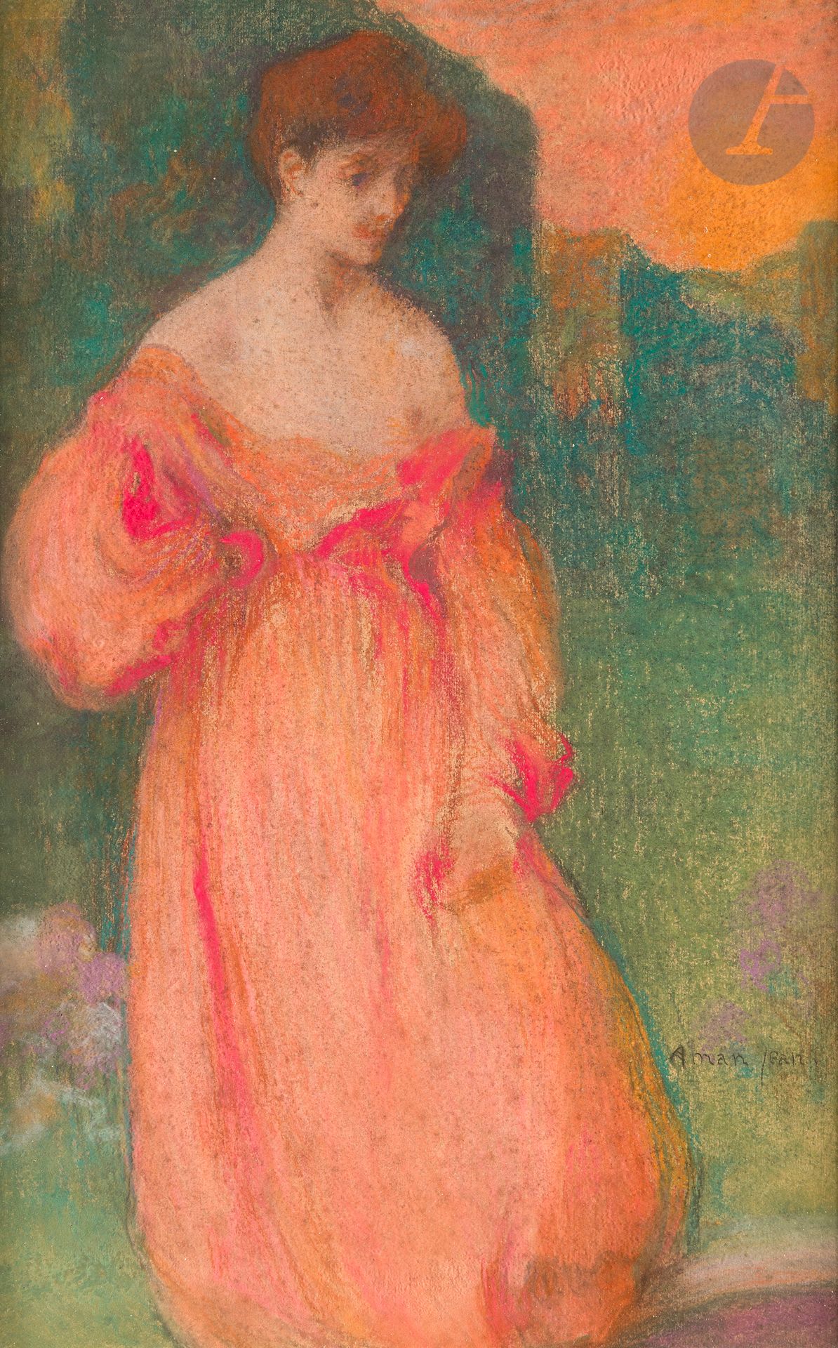 Edmond AMAN-JEAN (1860 - 1935)
Portrait de femme à la robe orange
Pastel.
Signé en bas à droite.
(Épidermures).
54 x 34 cm