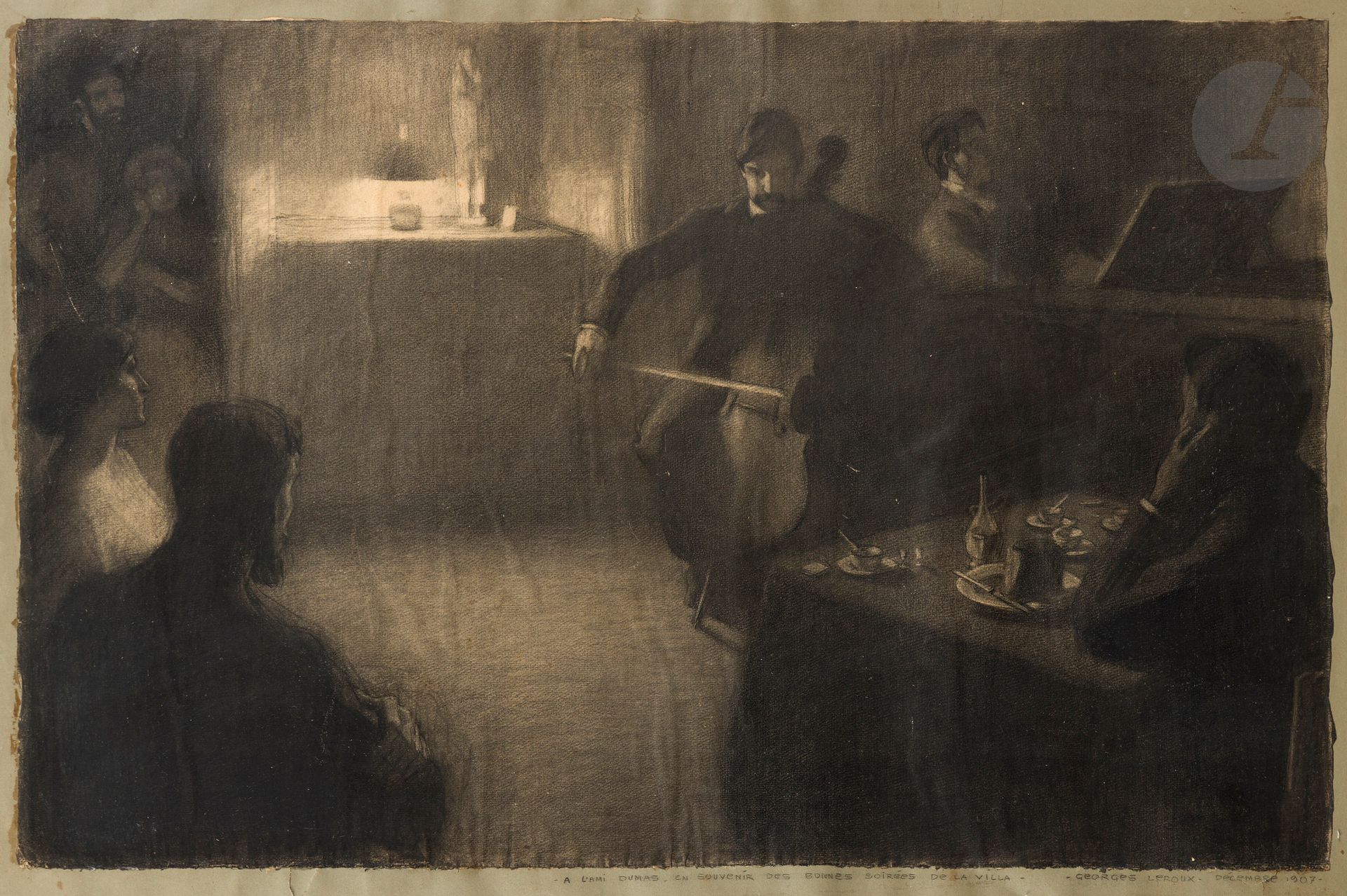 Georges Paul LEROUX (1877 - 1957)
« Souvenir des bonnes soirées de la villa » Médicis, Rome
Fusain, estompe et gommage.
Signé, daté et dédicacé en bas à droite sur le montage « A l’ami Dumas, en souvenir des bonnes soirées de la villa, décembre 1907 ».
(Traces de colle sur les bords du montage, petites épidermures et petites pliures).
46,5 x 71,2 cm