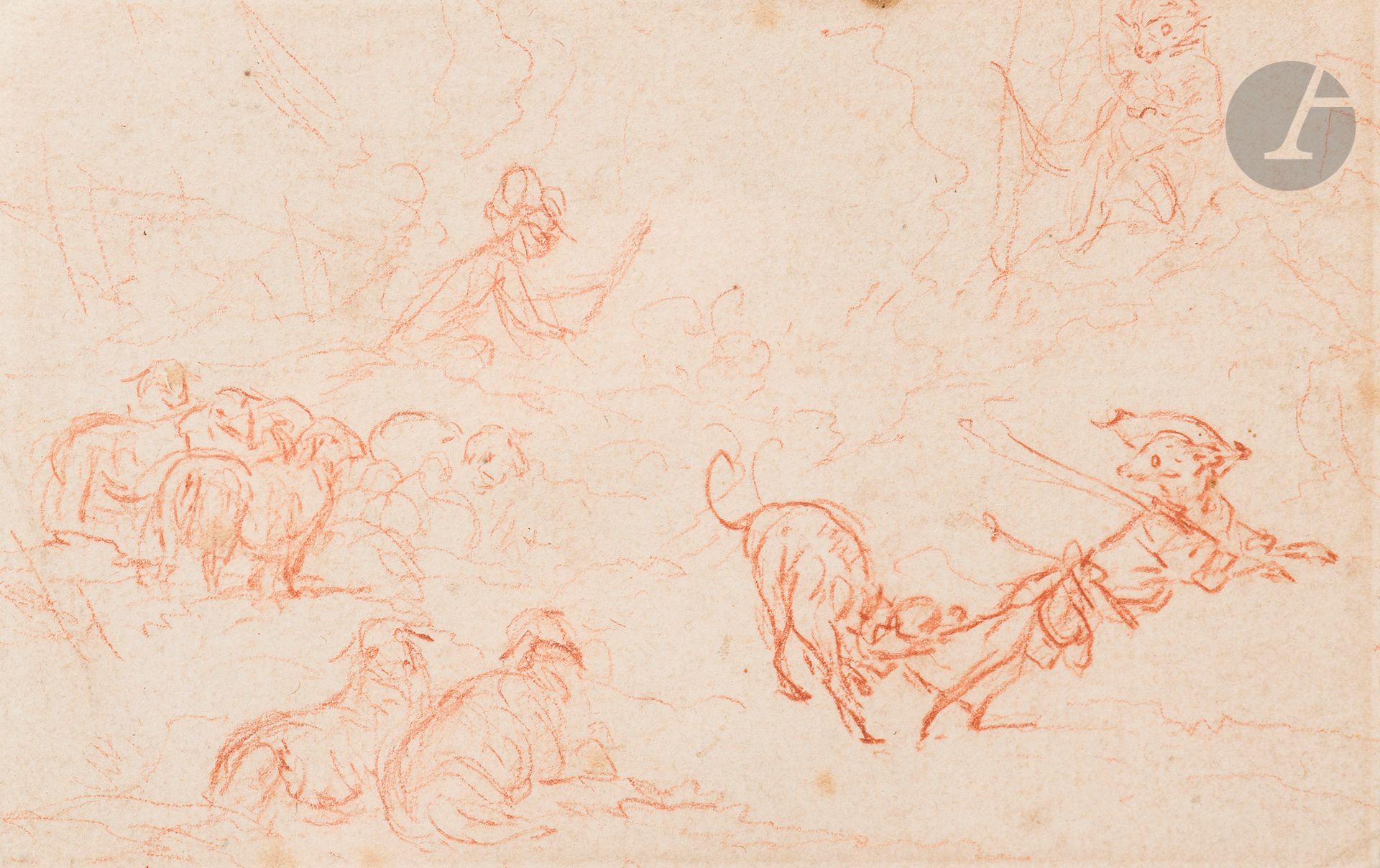 Antoine WATTEAU (Valenciennes 1684 - Nogent-sur-Marne 1721)
Le Loup déguisé en berger, vers 1710
Sanguine.
9,3 x 15,8 cm

Provenance :
- Vente Hôtel Drouot, Paris, 13 juin 1959, n°72, reproduit comme Watteau avec la mention : « le dessin figurera au supplément au Catalogue de l’œuvre dessiné d’Antoine Watteau par K.T. Parker et J. Mathey »; 180000 francs).
- Collection Raoul Dastrac (1891-1969).

Bibliographie :
Pierre Rosenberg, Louis Antoine Prat, Antoine Watteau 1684-1721, Catalogue raisonné des dessins, Tome I, Leonardo Arte, n°78, reproduit.

 La présence d’un singe en haut à droite laisse à penser que le dessin faisait à l’origine partie d’une feuille de plus grandes dimensions, destinée à un décor à base de « singeries » et que la scène du loup déguisé en berger n’était qu’une partie de ce projet.