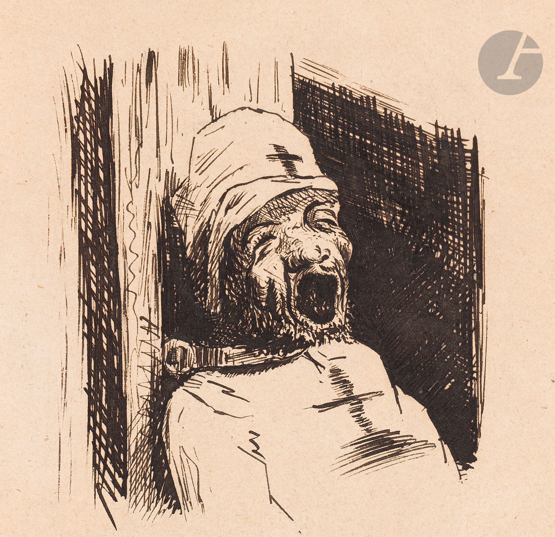 Attributed to Henri GUÉRARD (1846-1897)
Torture scene
Pen and brown ink.
12 x 13 cm

We know of an engraving in the same vein as our drawing entitled "La Garotte".

Attached is a drawing attributed to Théodule RIBOT.
