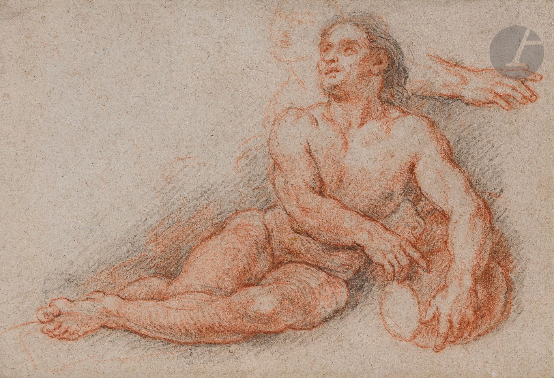 Charles de LA FOSSE (Paris 1636 - 1716)
Man leaning on an amphora and study of right hand
Black stone and red chalk on beige paper.
(Old fold at top right).
23 x 33.5 cm

We would like to thank Madame Gustin-Gomez for kindly confirming the authenticity of this drawing based on a photograph.