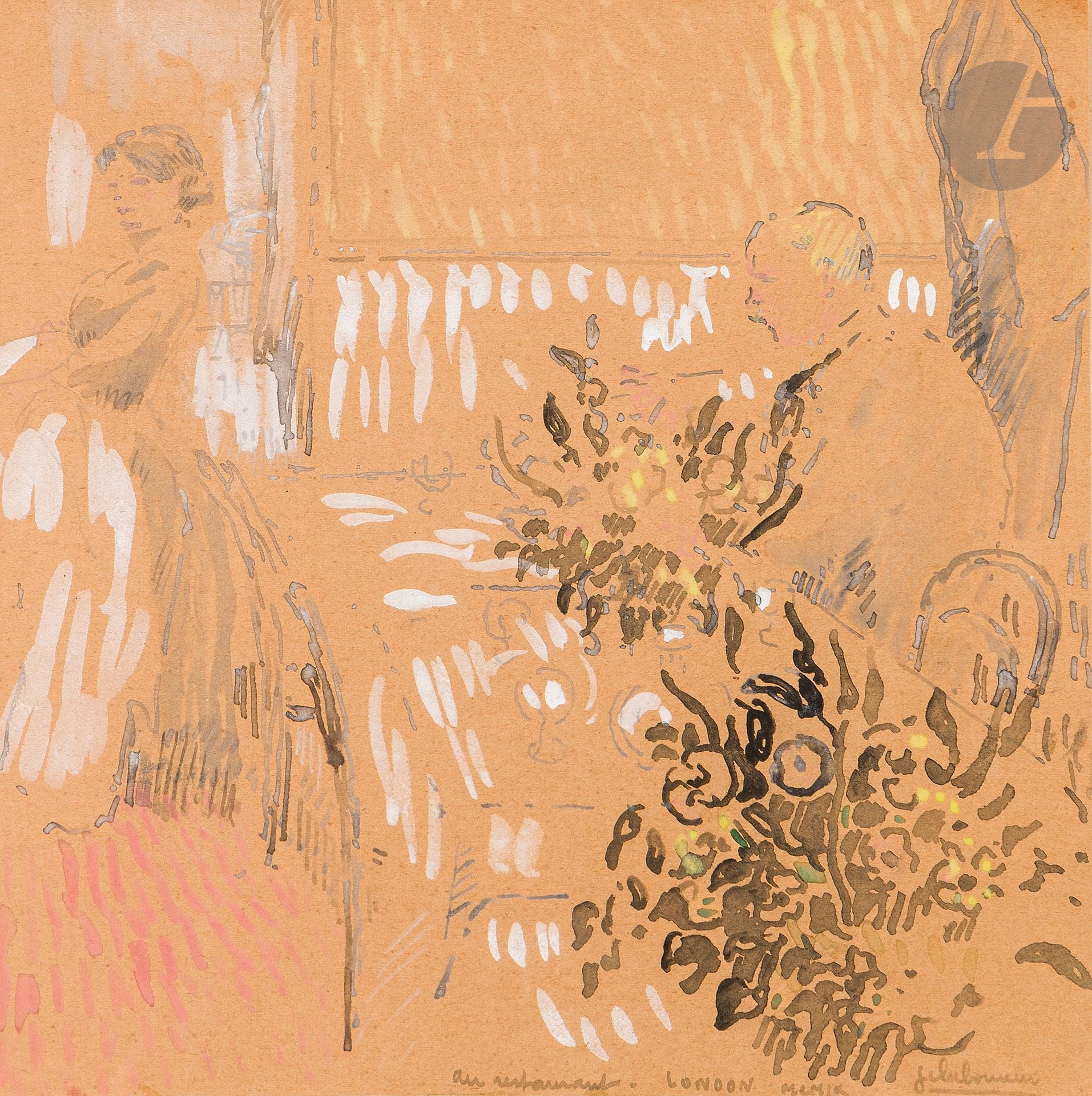 Jean-Émile LABOUREUR (1877 - 1943)
Au restaurant
Encre, lavis d’encre et gouache.
Signée, titrée et située en bas à droite.
Dédicacée et signée sur le montage en bas à gauche.
18,5 x 18,5 cm