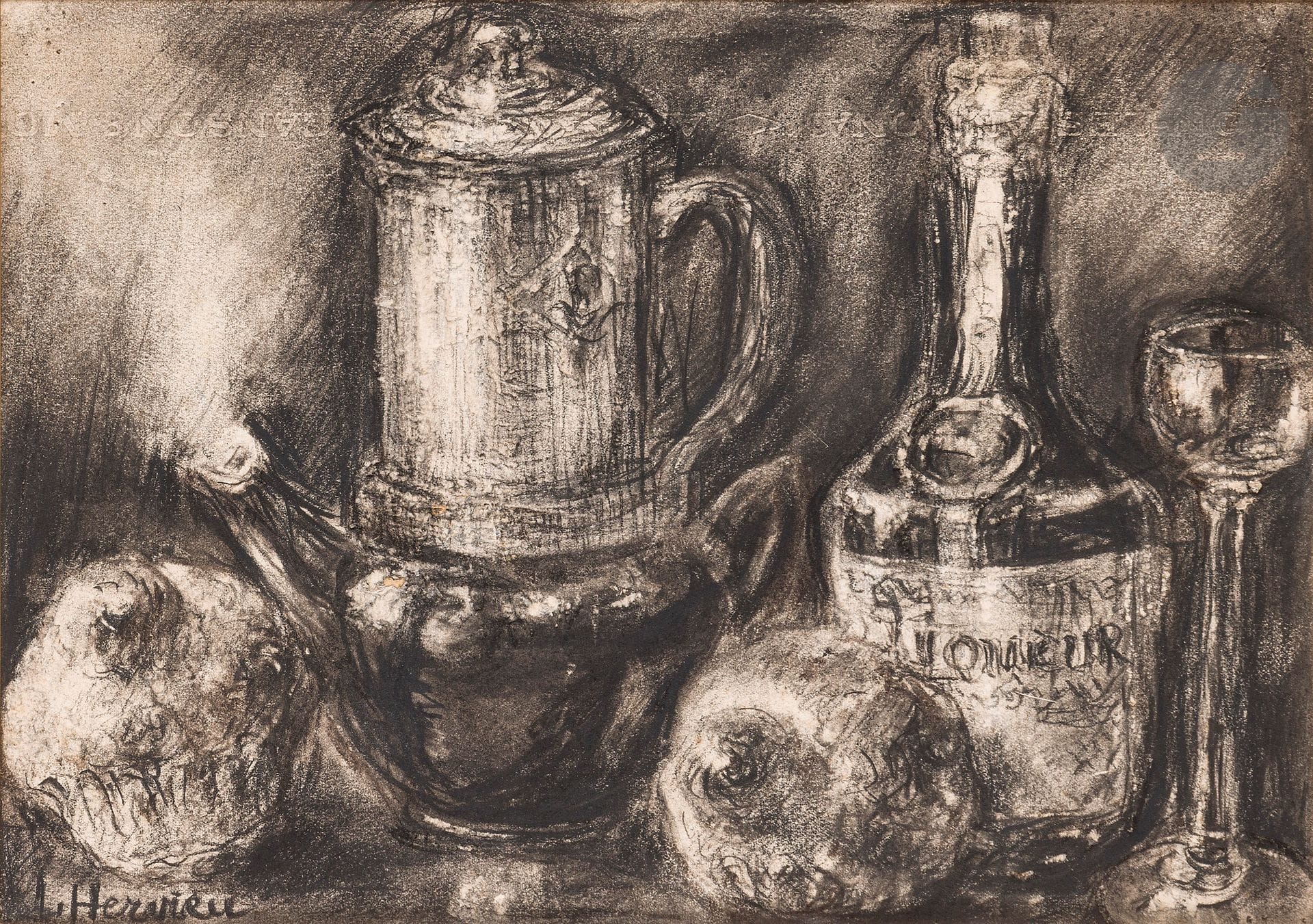 Louise HERVIEU (1878 - 1954)
Carafe, buns and bottle
Conté chalk, etching and scraping.
Signed lower left.
(Minor restorations, probably by the artist).
25 x 34.5 cm

We would like to thank Mr. Guillaume d'Enfert, creator of the Louise Hervieu Archives, for confirming the authenticity of this drawing and for the information he provided.