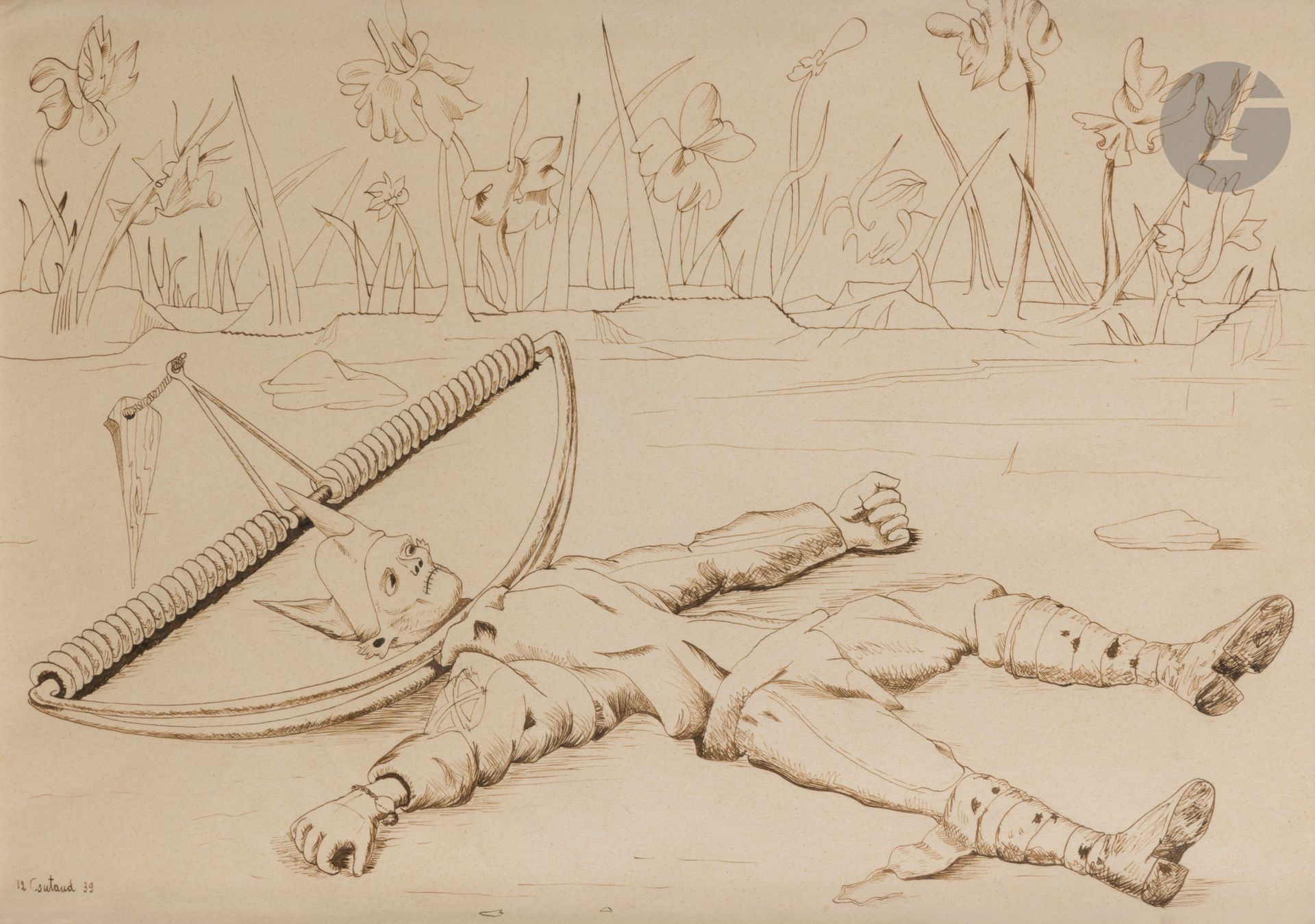 Lucien COUTAUD (1904 - 1977)
Souvenir de la guerre de 39, 1939
Encre.
Signée et datée en bas à gauche.
25,5 x 36 cm

Provenance : 
- Vente Atelier Lucien Coutaud, Arcole, Étude Gros - Delettrez, Drouot - Montaigne, 11 décembre 1990.
- Vente Me Boisgirard, 12 avril 2002, n°80.

Nous remercions le Docteur Jean Binder pour les informations qu’il nous a transmises.


Le 18 novembre 1939, Lucien Coutaud mobilisé et affecté dans l’Est, puis hospitalisé à Angoulème, rentre à Paris. Du fait de problèmes de santé, il est réformé le 14 décembre. Le dessin effectué à cette période montre un soldat pris dans un piège à rat.