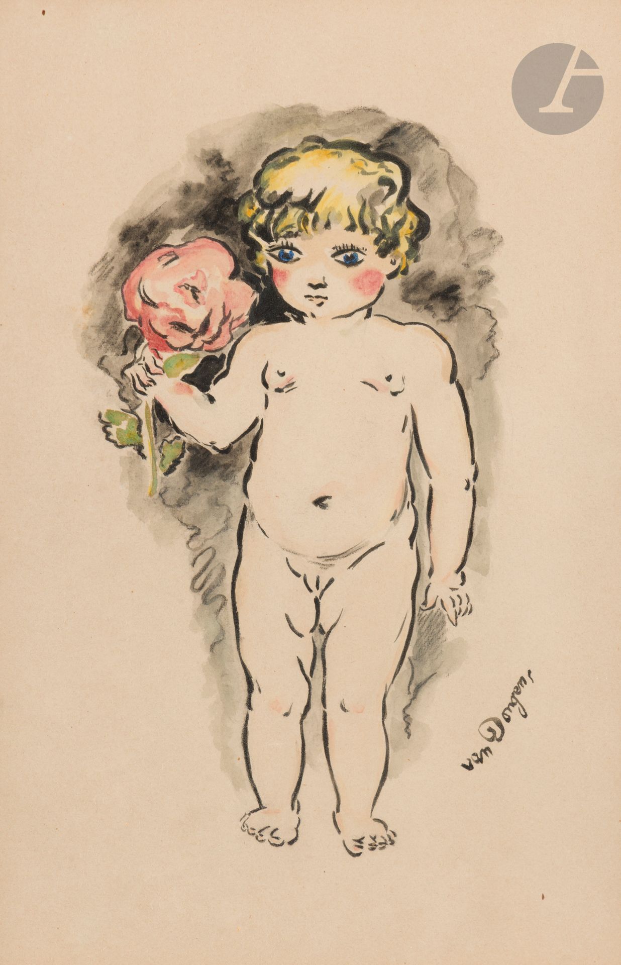 Kees VAN DONGEN (1877 - 1968)
Dolly à la rose, 1933
Encre, lavis d’encre et aquarelle.
Signée en bas à droite.
29 x 19 cm

 Il s’agit du dessin préparatoire à l’affiche du Bal des Petits lits roses, qui se tint en 1933 au Théâtre du Capitole, à Toulouse. Cet évènement fut créé en 1928 au profit de la pouponnière et de la maternité des employés de commerce de la ville de Toulouse. Il s’inspire du Bal des Petits lits blancs, lancé en 1918 à Paris par le patron de presse Léon Bailby afin de recueillir des fonds pour les enfants atteints de tuberculose. Ce gala prestigieux eut lieu chaque année à l’Opéra Garnier, jusque dans les années 1960. Van Dongen, tout comme Marie Laurencin ou Jean Cocteau, fut sollicité en 1924 et 1927 pour l’affiche du bal et les illustrations du programme, il réalisa même un numéro « en direct » lors du bal de 1930 avec son ami le peintre Foujita devant le public.