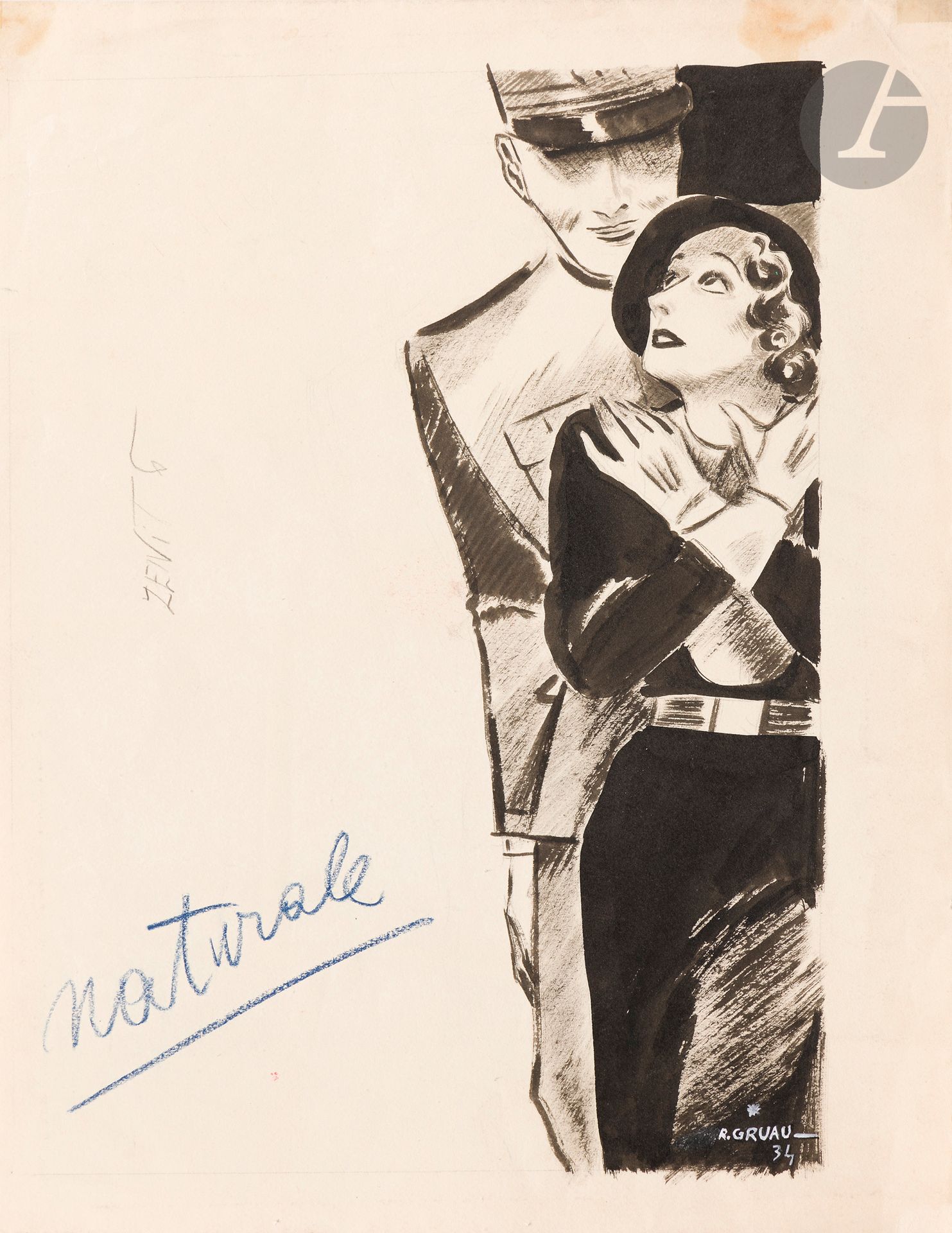 René GRUAU (1909 - 2004)
Couple, 1934
Encre et lavis d’encre.
Signée et datée en bas à droite.
38,5 x 29,5 cm