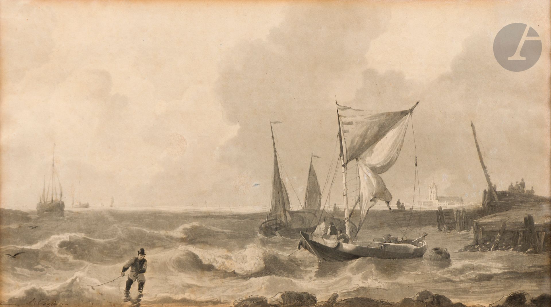 Charles Louis MOZIN 
(Paris 1806 - Trouville-sur-Mer 1862)
Marine
Plume, encre noire et lavis gris sur traits de crayon noir.
Signée en bas à gauche.
Diverses annotations au verso de l’encadrement.
(Légèrement insolé, petites taches).
18,8 x 33,2 cm
