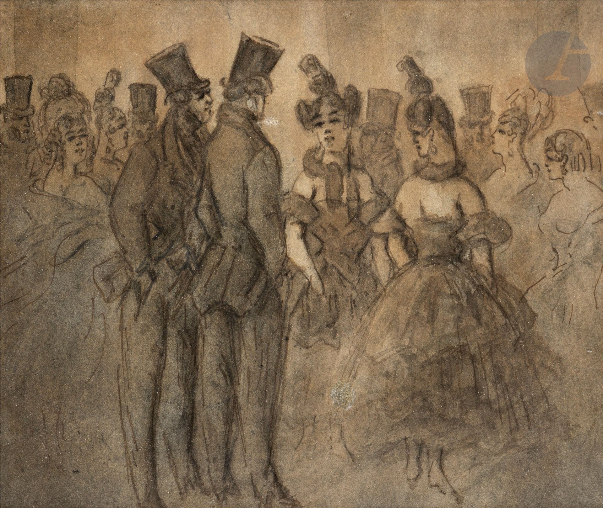 Constantin GUYS (1802 - 1892)
Au Foyer
Plume, encre brune, lavis gris.
20 x 24,5 cm

Bibliographie : 
Constantin Guys, Exhibition in Aid of The National Art – Collection Fund, Marlborough Fine Art Ltd, Londres, 26 juin - 31 juillet 1956, n° 82 (étiquette au dos sur le montage).