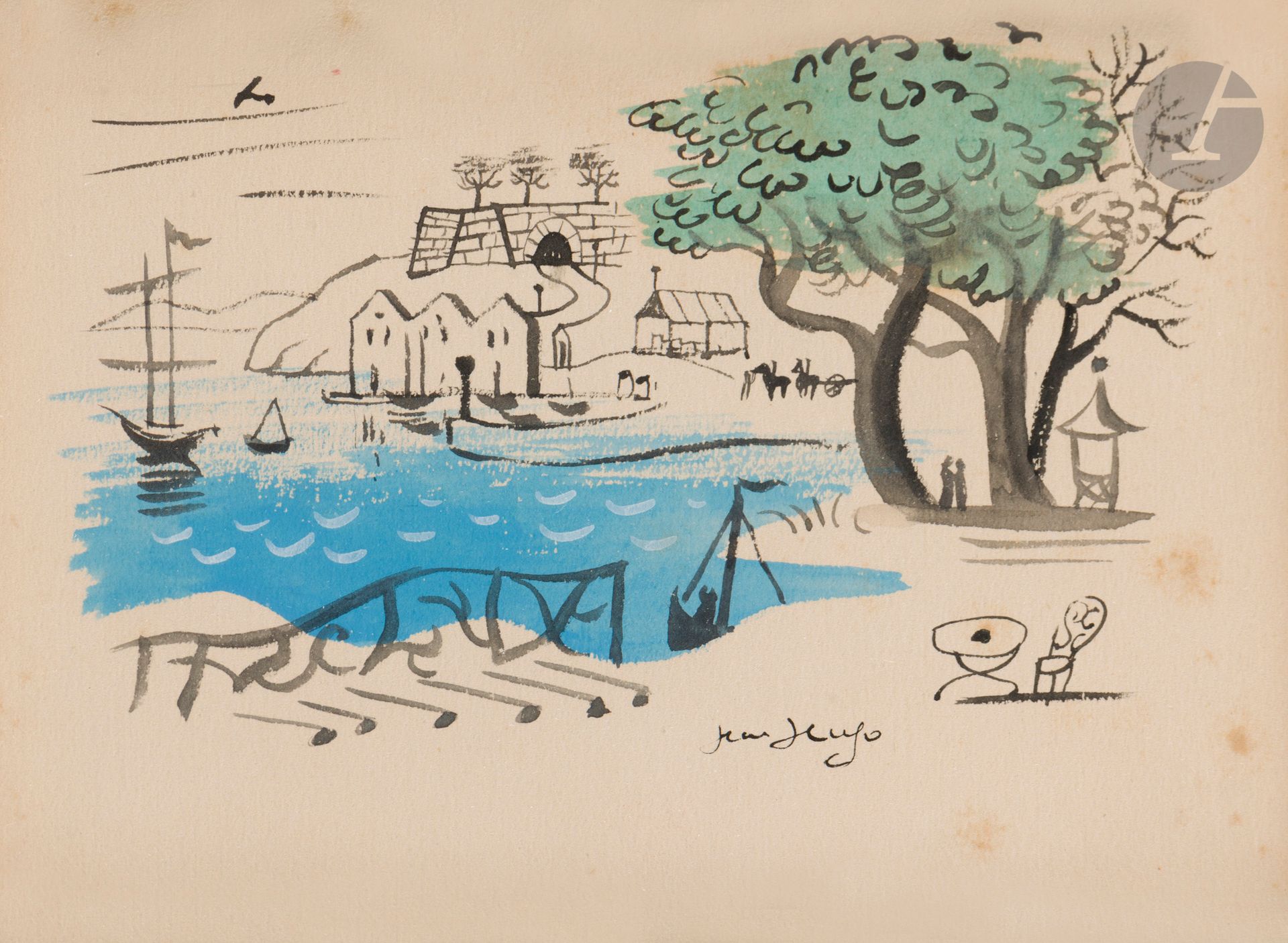 Jean HUGO (1894 - 1984)
Marseille, l’Estaque
Encre, lavis d’encre et aquarelle.
Signée en bas à droite.
(Rousseurs).
11,5 x 15,5 cm